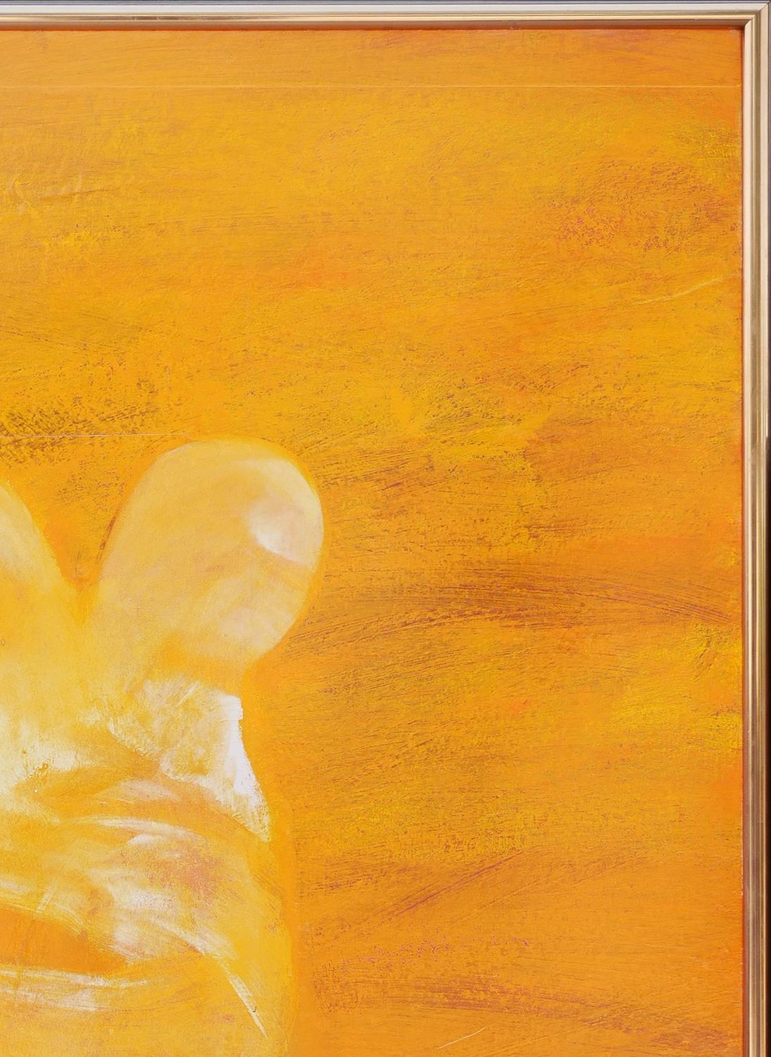 Orange-toned abstract figurative work by contemporary Missouri artist Michael Stack. The work features a light cream and silver silhouette of a headless female body set against an orange ombre background. Currently hung in a metallic silver frame.