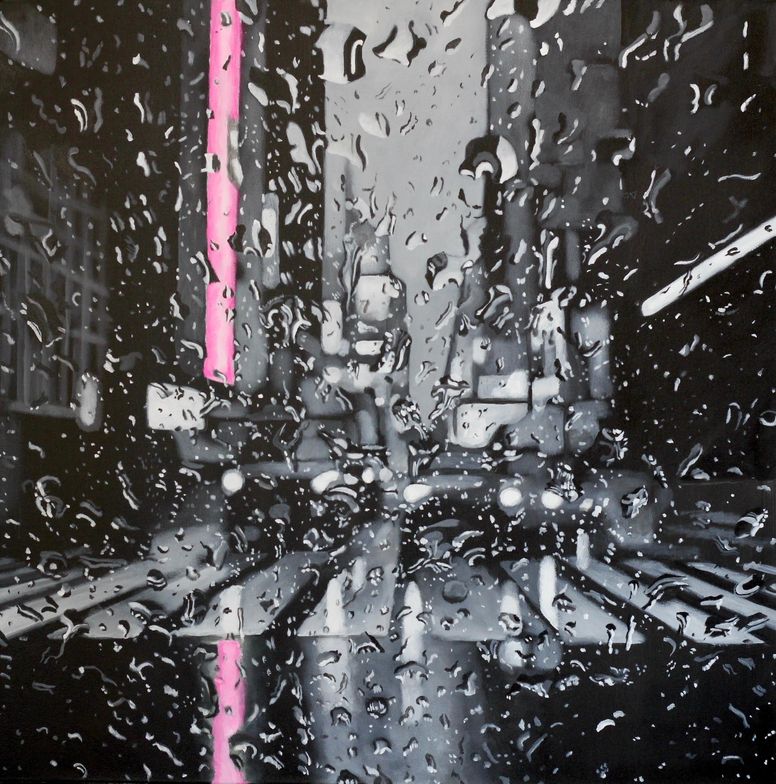 Cosmopolitan Lights - original rainy cityscape oil painting - contemporary art - Painting by Michael Steinbrick