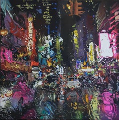 Neon Deluge - cityscape neon vibrant realism oil painting modern urban original