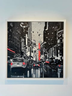 "Red Hot Neons" – Dipinto del panorama urbano di New York, olio su tela, arte realistica contemporanea