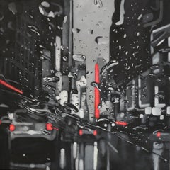 "Red Hot Neons" – Dipinto del panorama urbano di New York, olio su tela, arte realistica contemporanea