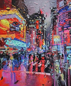 Reflections in Red - America hyperrealism lights Cityscape painting modern art 