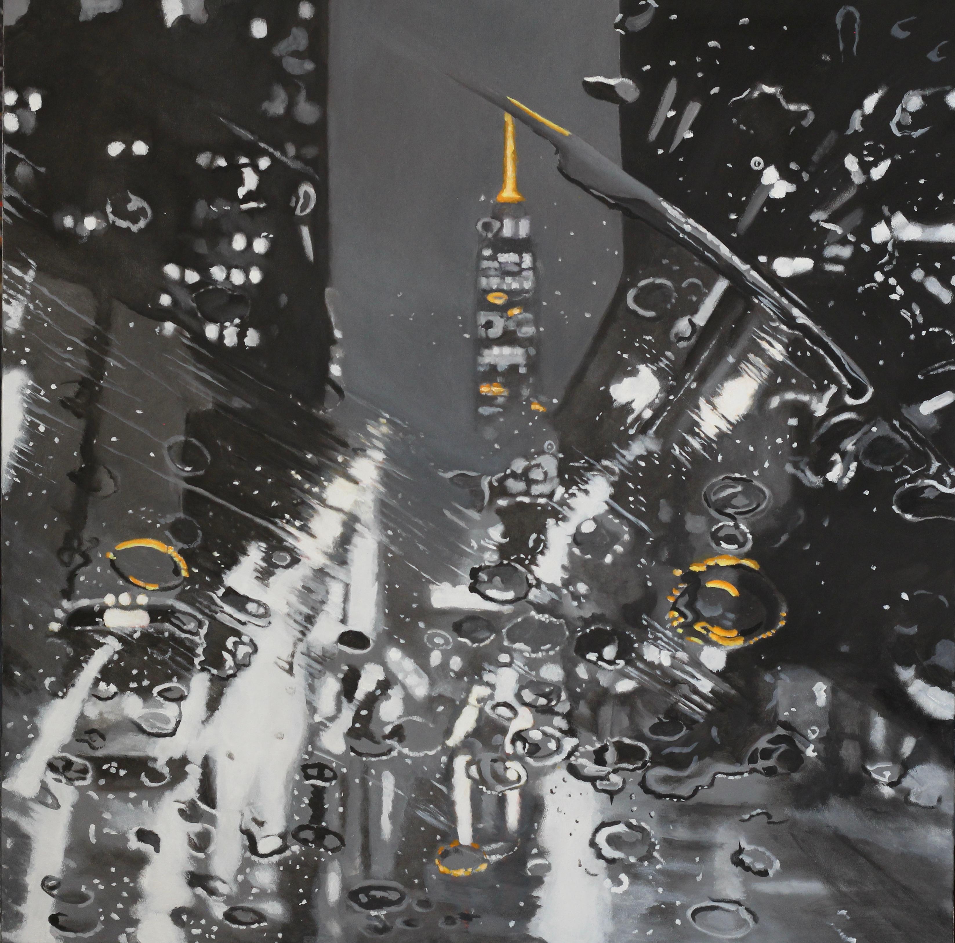 The Raining Empire - original rainy cityscape oil painting - contemporary art