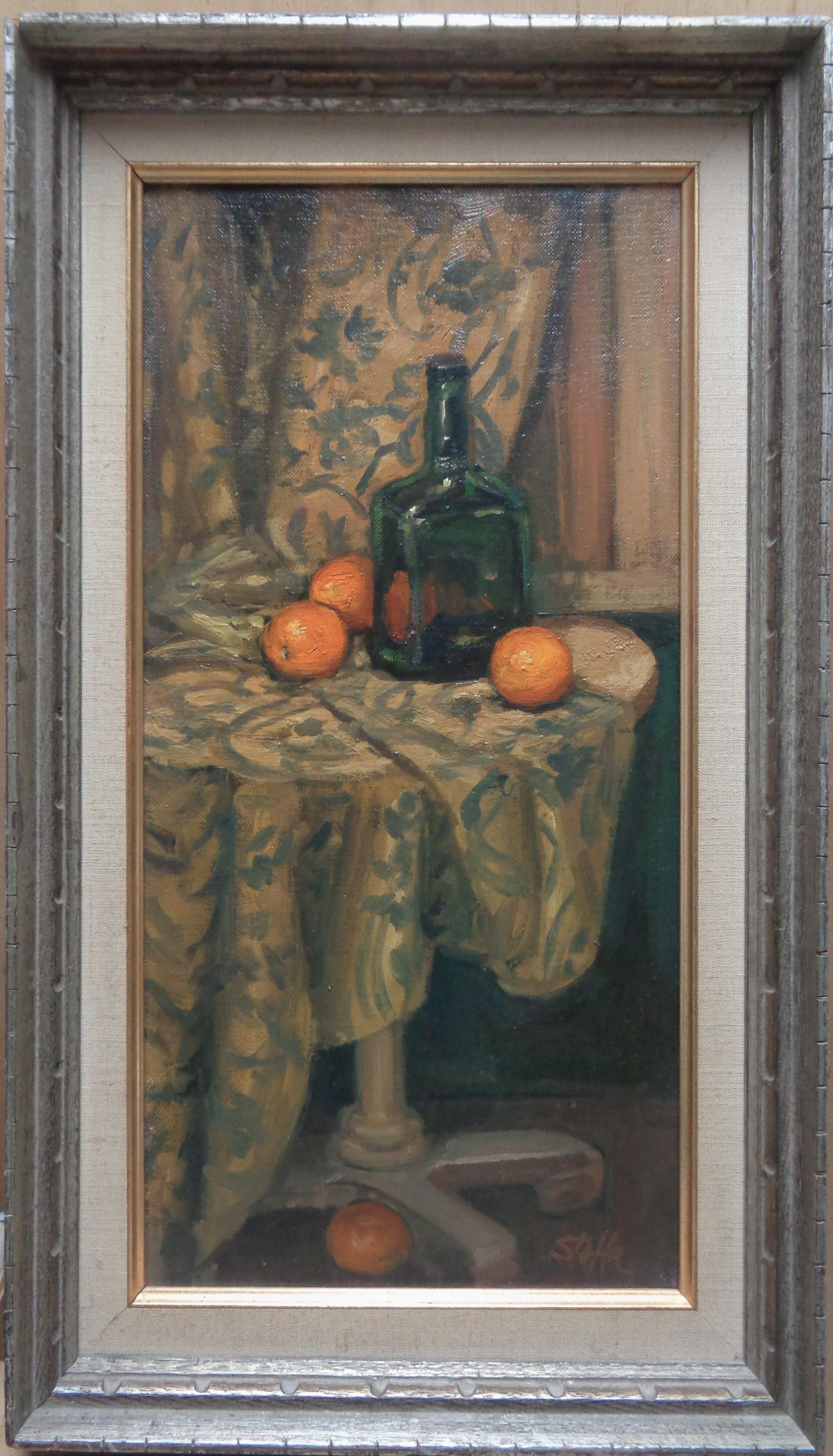 Michael Stoffa (américain, 1923-2001)  (Rockport, MA)
"Vivre encore avec des oranges"
Huile sur panneau, signée en bas à droite
Peinture :  environ 8" x 16"
La peinture a besoin d'être nettoyée et n'est pas aussi brillante.  et claire, comme