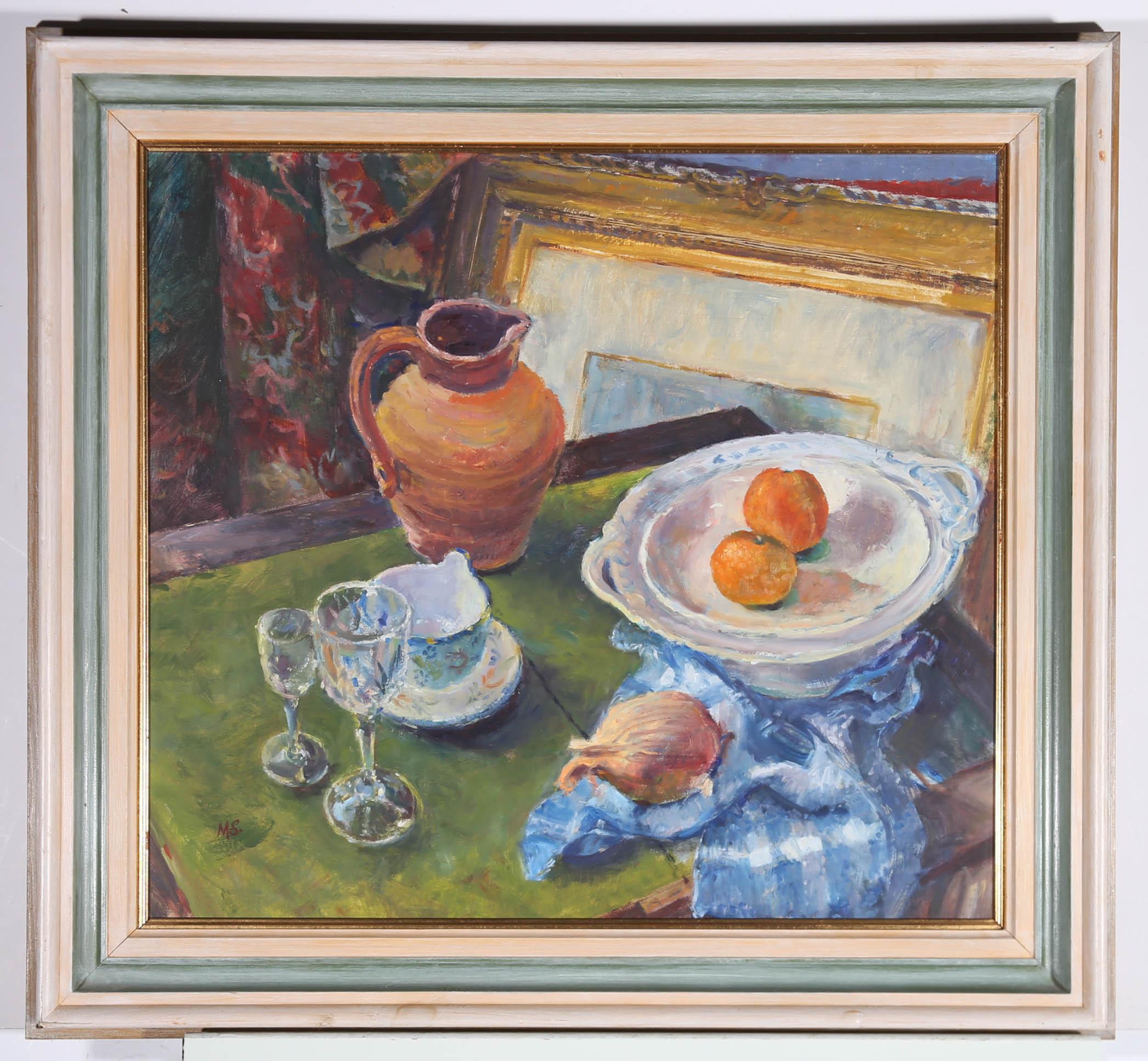 Michael Stone - Olio del XX secolo incorniciato, brocca e arance 2