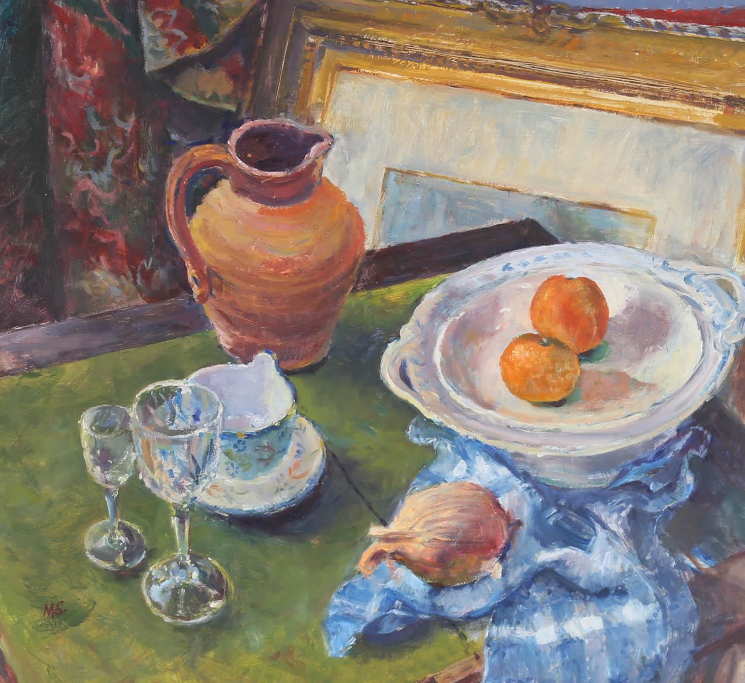 Michael Stone - Olio del XX secolo incorniciato, brocca e arance 3