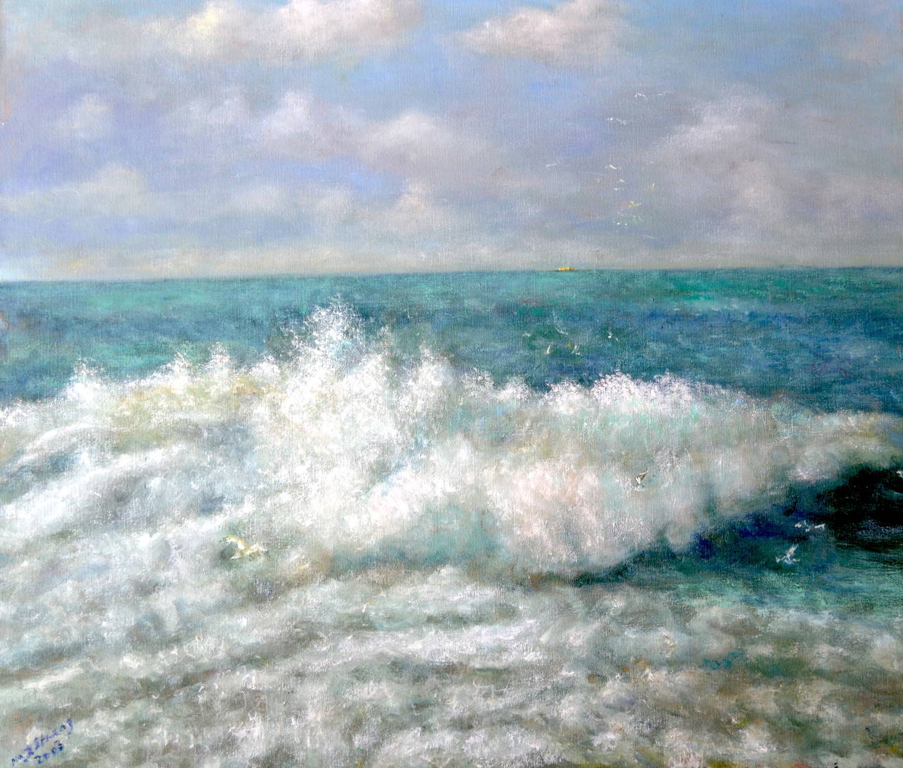 Rompere l'onda dell'Atlantico. Pittura ad olio impressionista contemporanea con paesaggio marino
