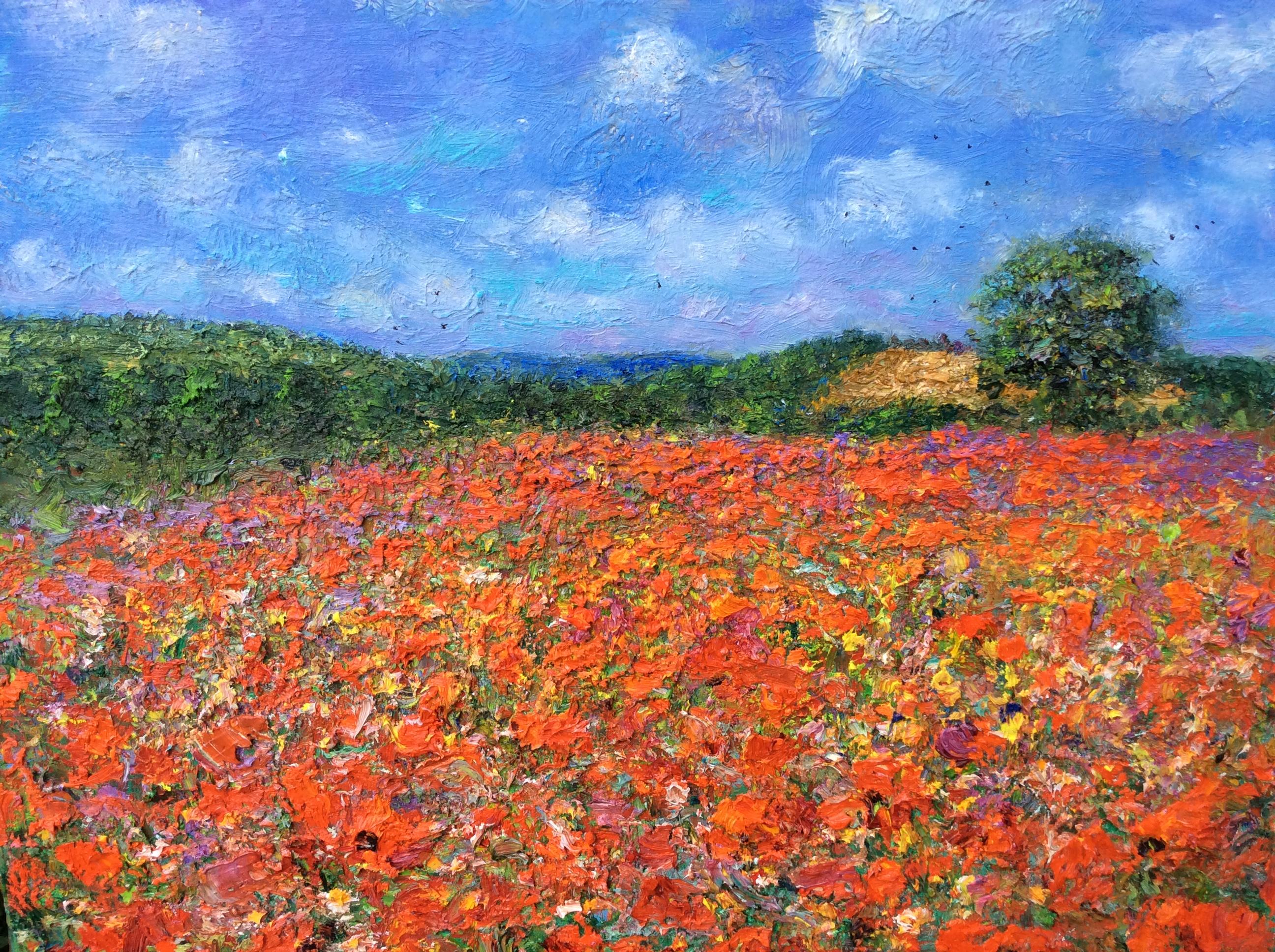 Michael Strang Landscape Painting - Poppy Field, English Contemporary Impressionist Landscape Oil Painting