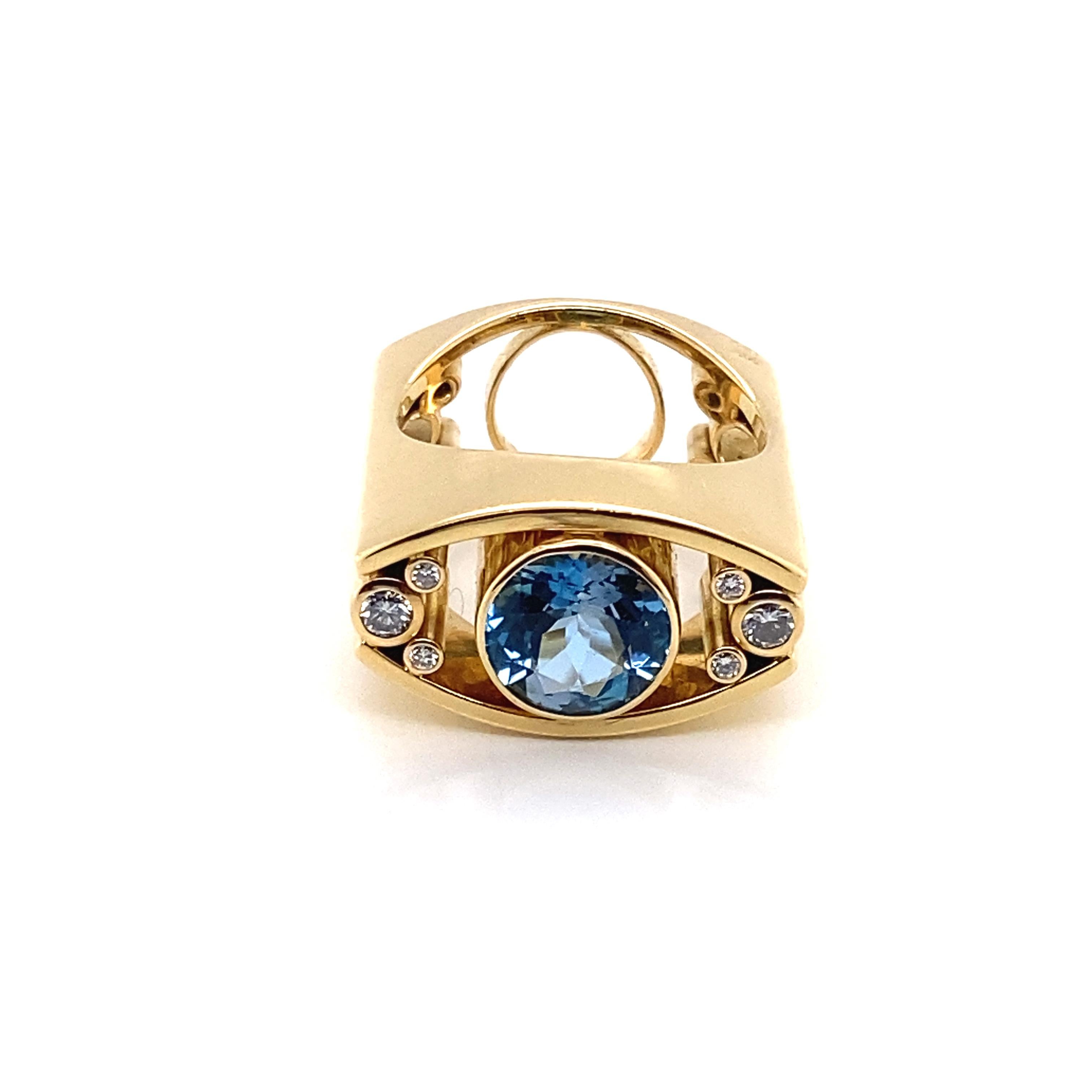Michael Sugarman Aquamarine Ring
Stunning Handmade Architectural Designer piece.
18KY Gold
Approx. 1.50ct Round Brilliant Aquamarine
Approx. .24ct total weight in Round Brilliant Diamonds
1'' tall and .80'' wide
