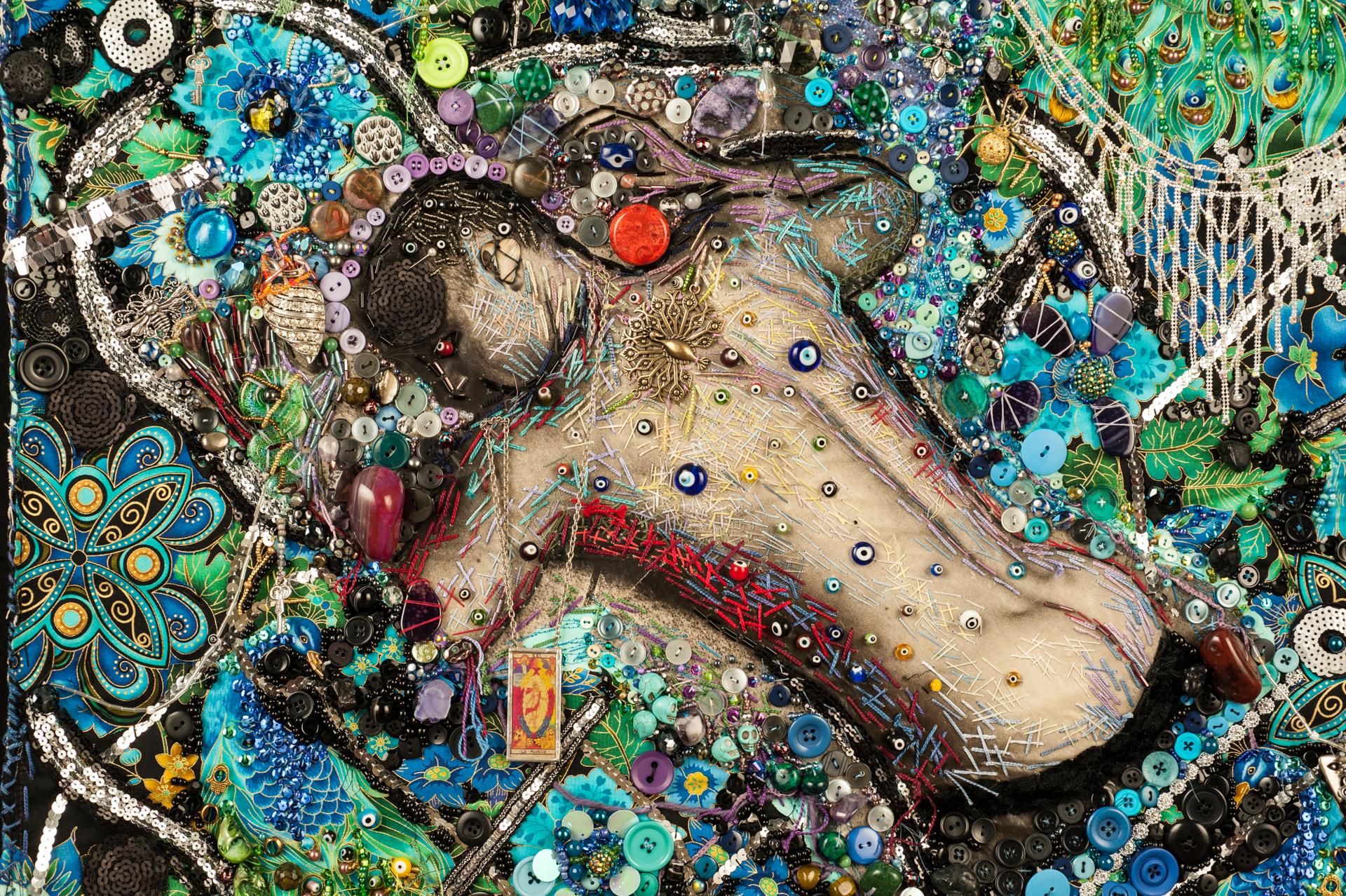 “My contemporary fiber art intersects fashion, sculpture, street art and queer activism through innovative use of textile collage and text-based art techniques. I begin with textiles selected for elaborate patterns, then reassembled into textile