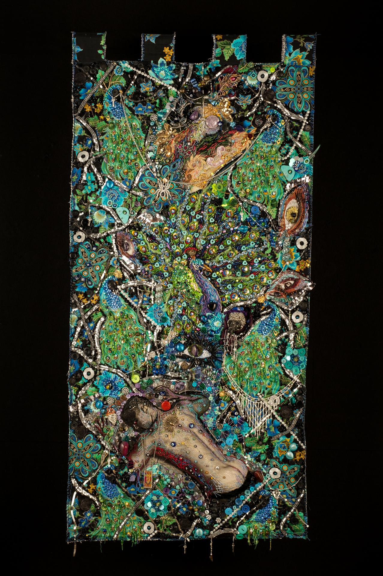 Textile painting: "Guardian in the Garden of Delight"