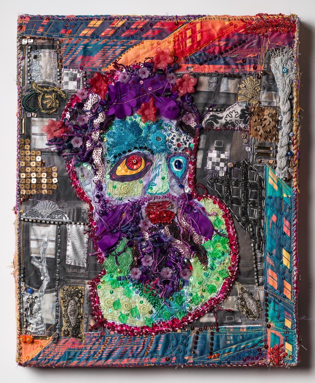 Pittura tessile: "Atlante urbano che sostiene il peso del mondo". - Mixed Media Art di Michael Sylvan Robinson