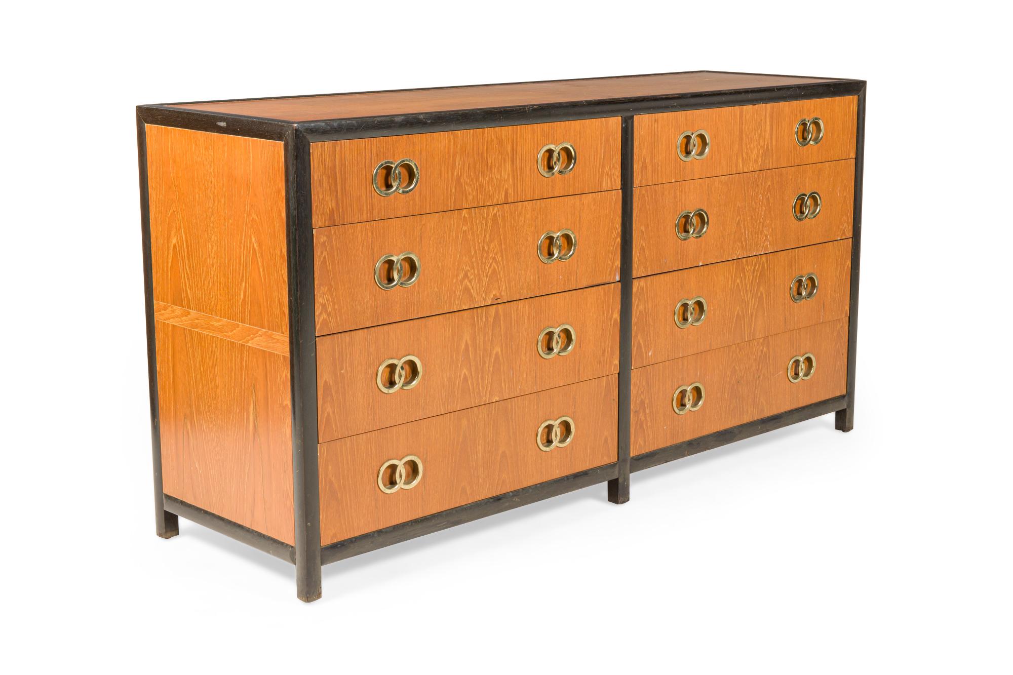 Michael Taylor 8-Drawer Walnut and Interlocking Brass Ring Pull Low Chest For Sale 2