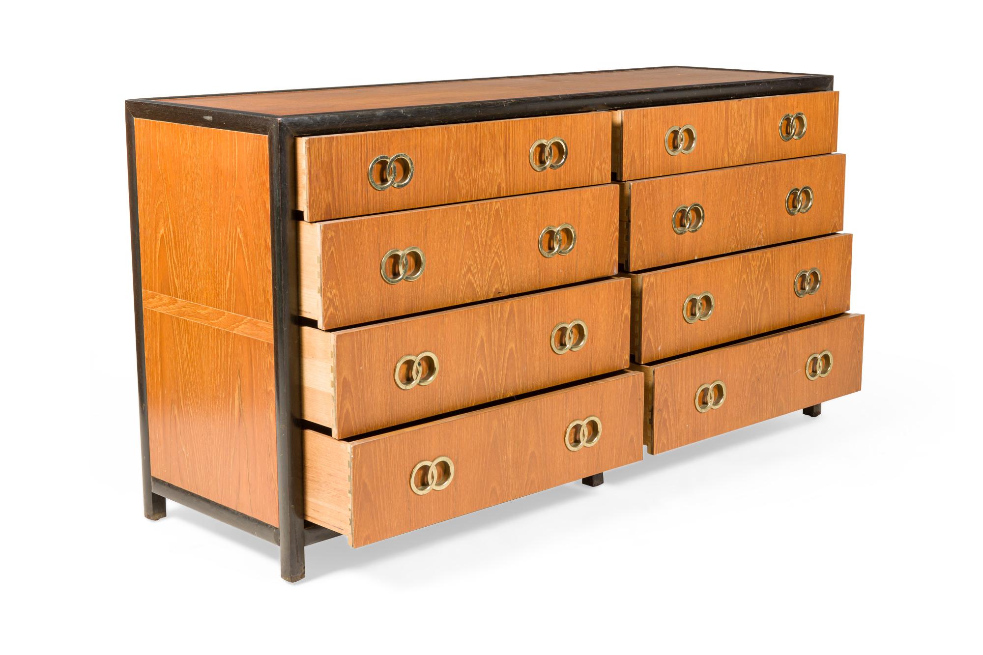 Michael Taylor 8-Drawer Walnut and Interlocking Brass Ring Pull Low Chest For Sale 3