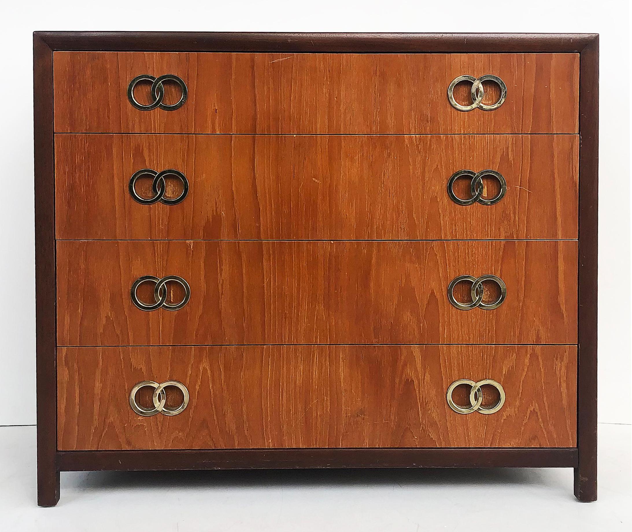 Mid-Century Modern Michael Taylor Baker 4 Drawer Chests with Brass Ring Hardware, a Pair