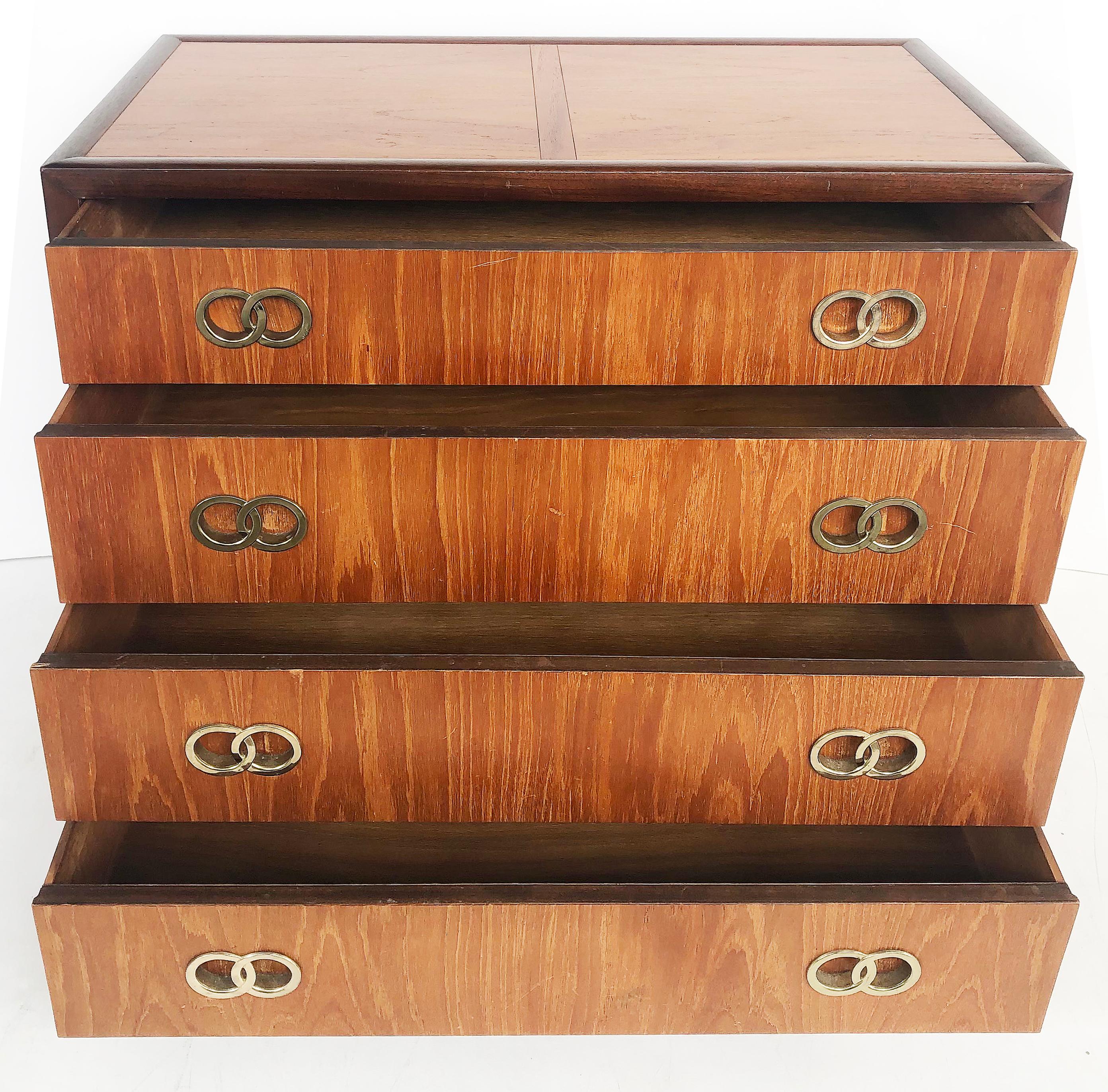 American Michael Taylor Baker 4 Drawer Chests with Brass Ring Hardware, a Pair