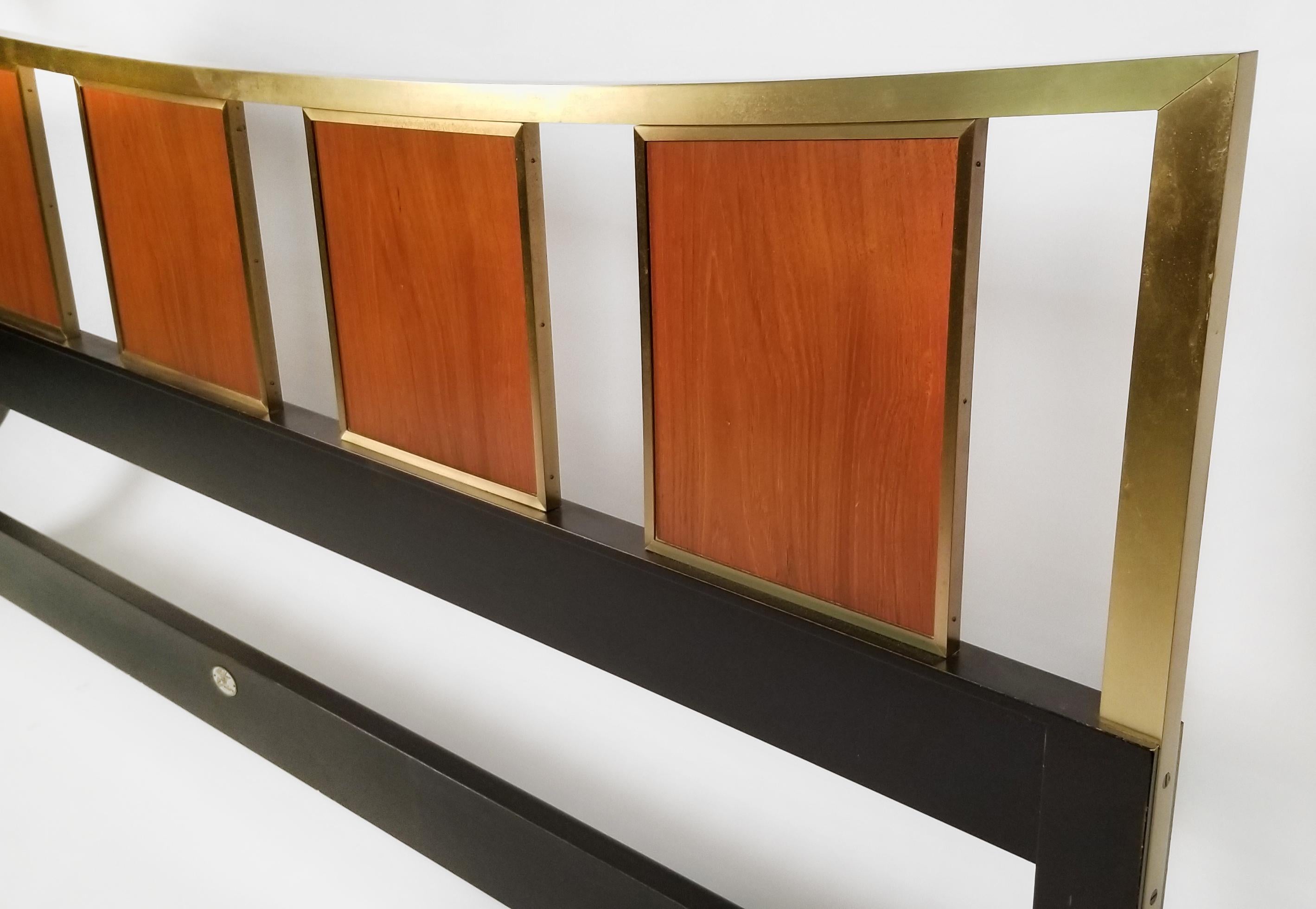 Gorgeous brass king size headboard with framed teak panels designed by Michael Taylor for Baker.

  