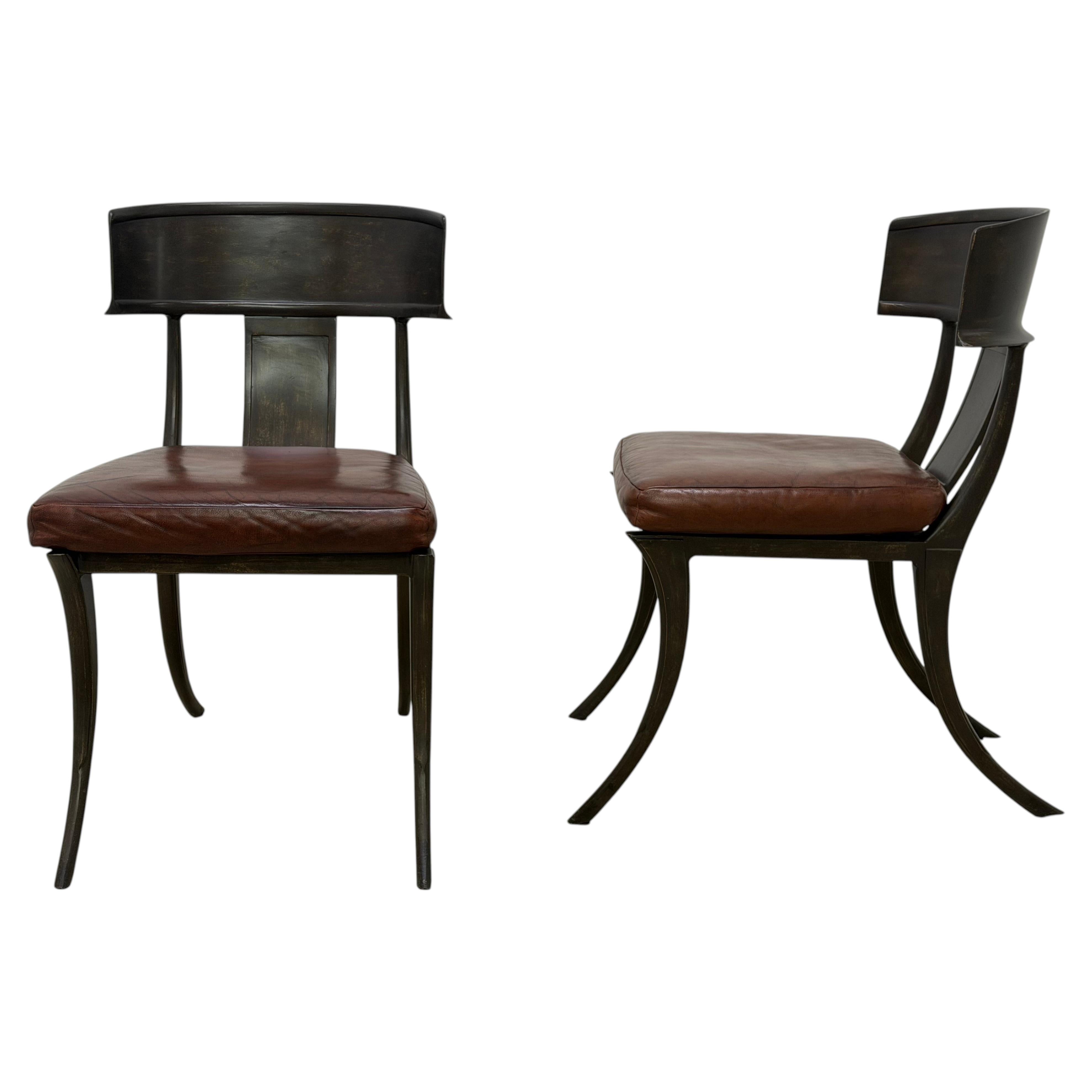 Michael Taylor Bronzed Klismos Garden Chairs with Leather Cushions, 1990s For Sale