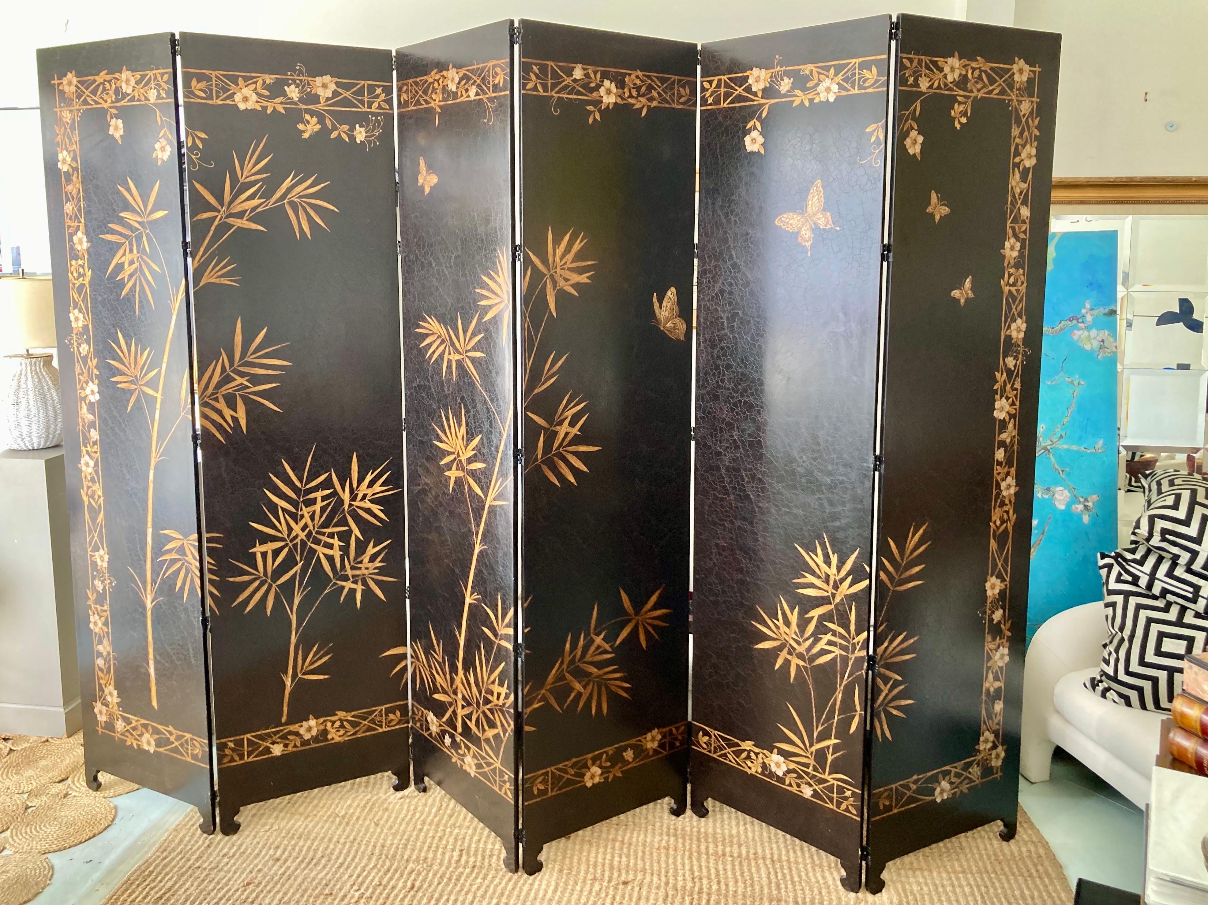 Chinoiseries Michael Taylor Chinoiserie Coromandel Large Six Panel Folding Screen (paravent à six panneaux) en vente