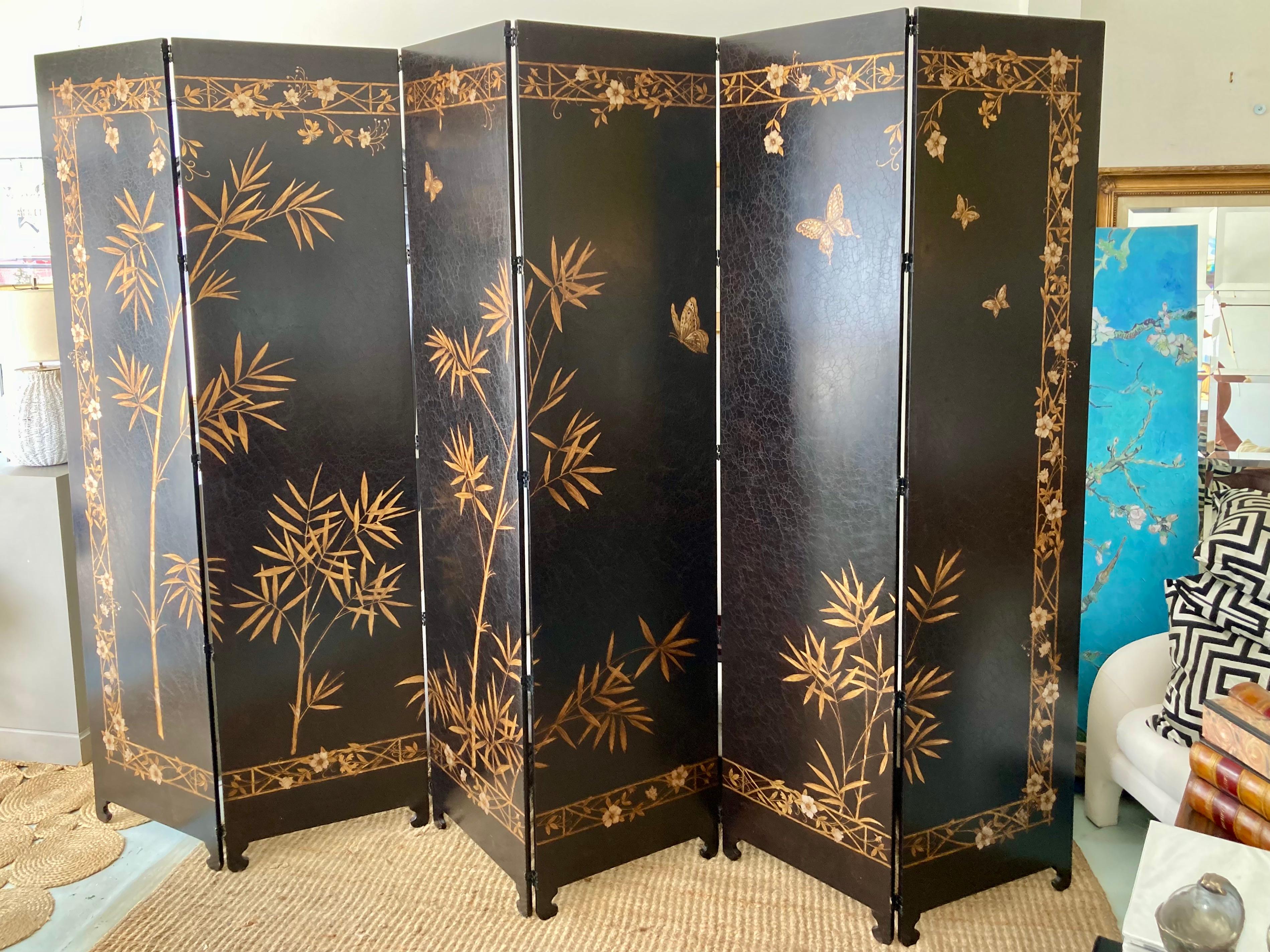 Américain Michael Taylor Chinoiserie Coromandel Large Six Panel Folding Screen (paravent à six panneaux) en vente