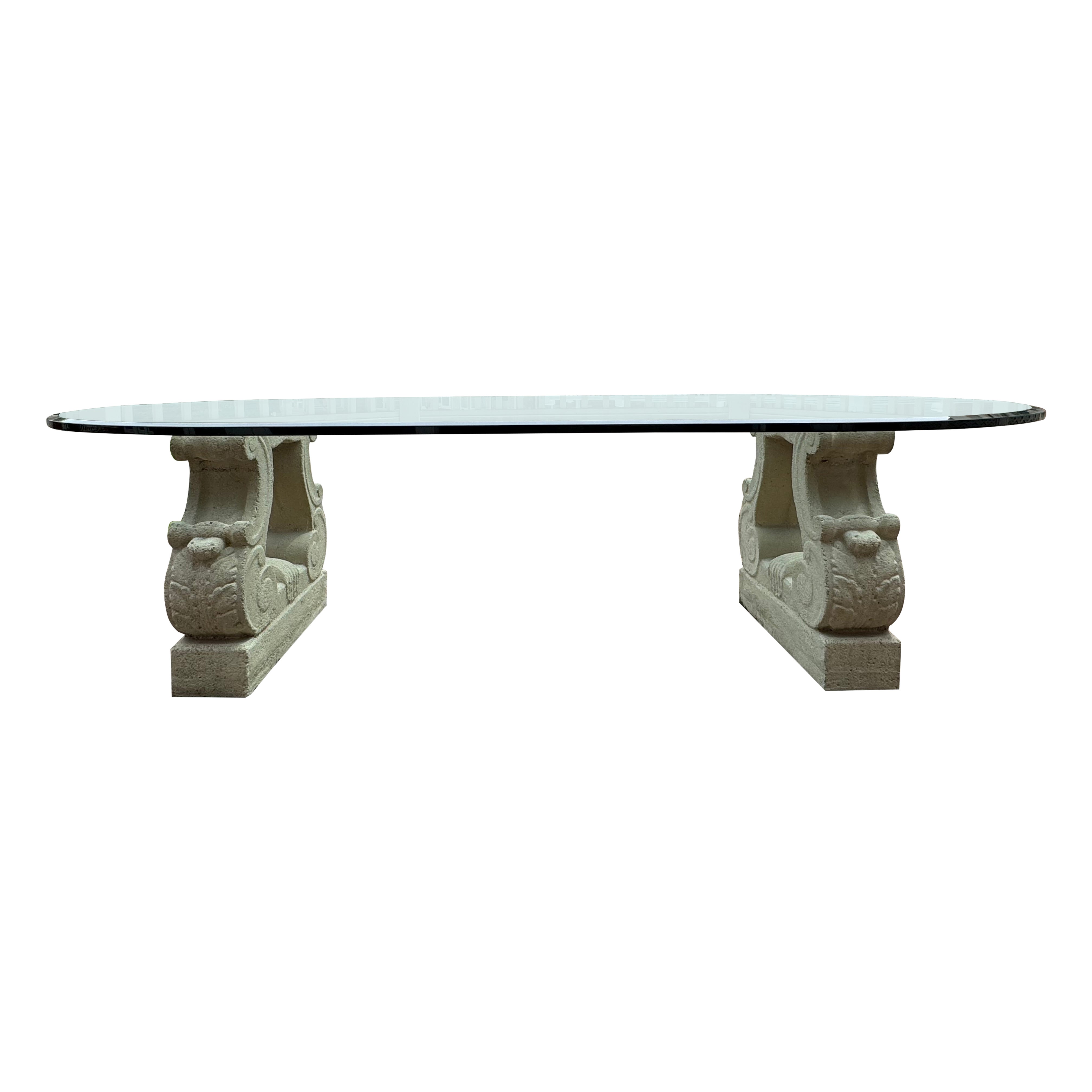 Michael Taylor Designs - Dining Table Cast Stone Lyre Bases & Oval Glass Top