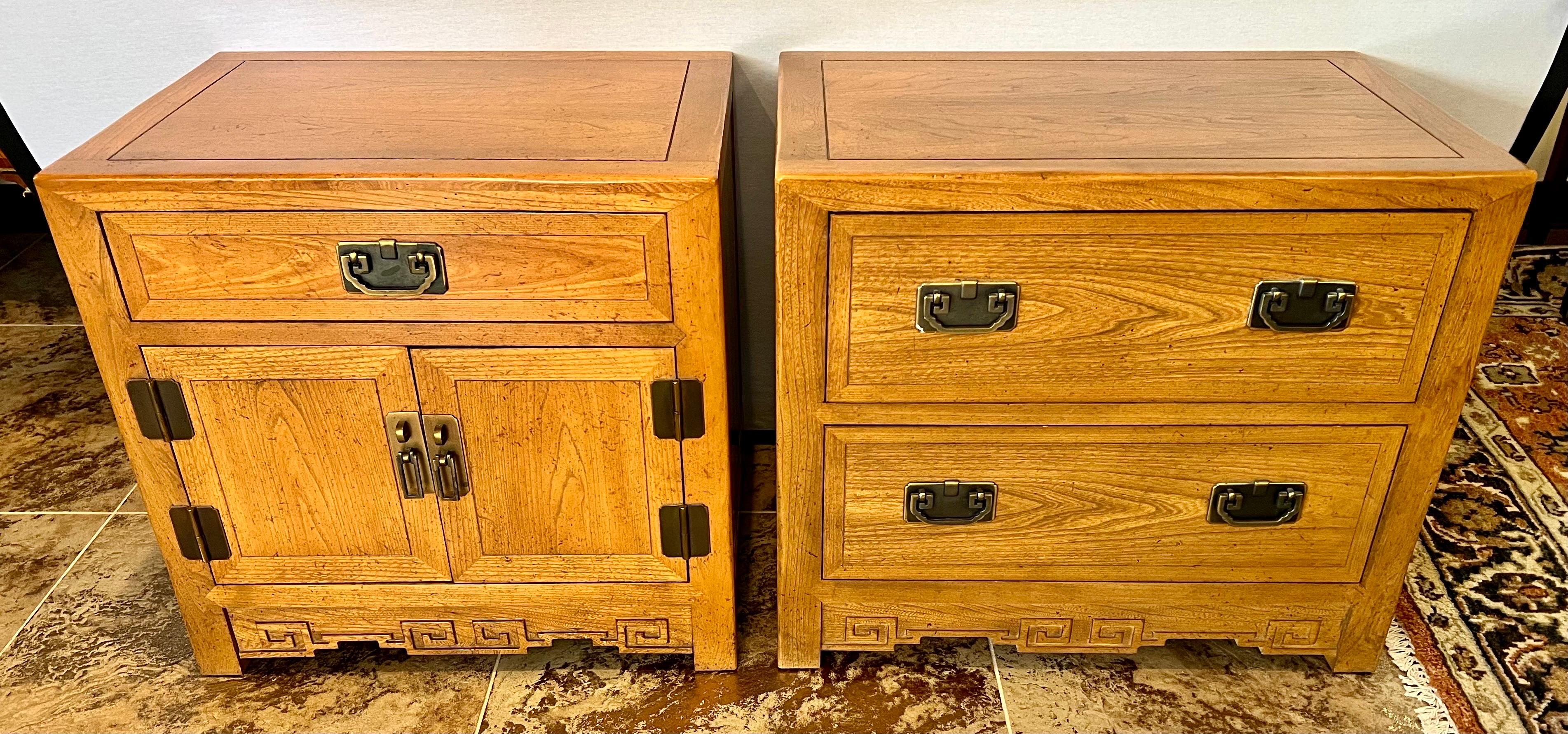 Iconic mid century/hollywood regency design in very great original condition, this Michael Taylor pair of nightstands/side tables by Baker Furniture is part of his 