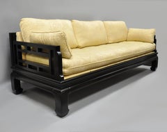 Michael Taylor for Baker Black Ebonized Oriental Ming Sofa with Fretwork Back