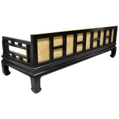 Michael Taylor for Baker Black Ebonized Oriental Ming Sofa with Fretwork Back