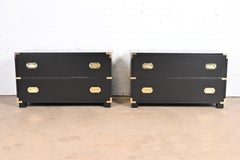 Michael Taylor for Baker Black Lacquered Campaign Commodes or Bedside Chests