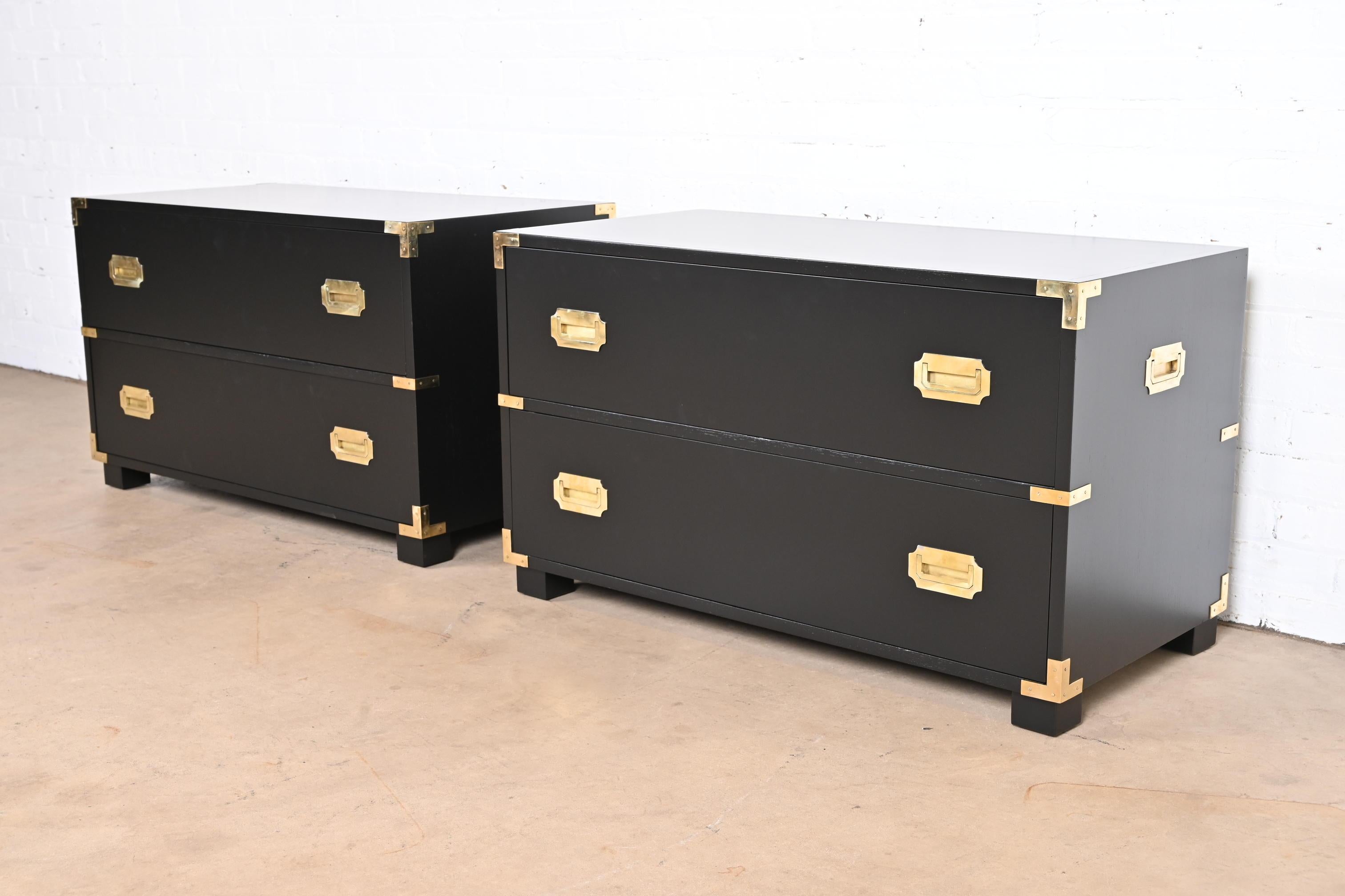 American Michael Taylor for Baker Black Lacquered Campaign Commodes or Bedside Chests