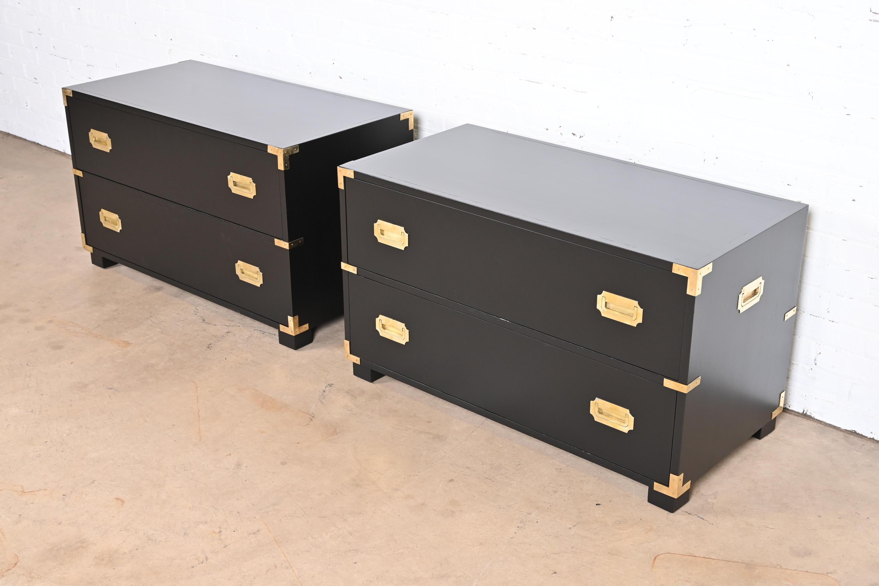 Michael Taylor for Baker Black Lacquered Campaign Commodes or Bedside Chests In Good Condition In South Bend, IN
