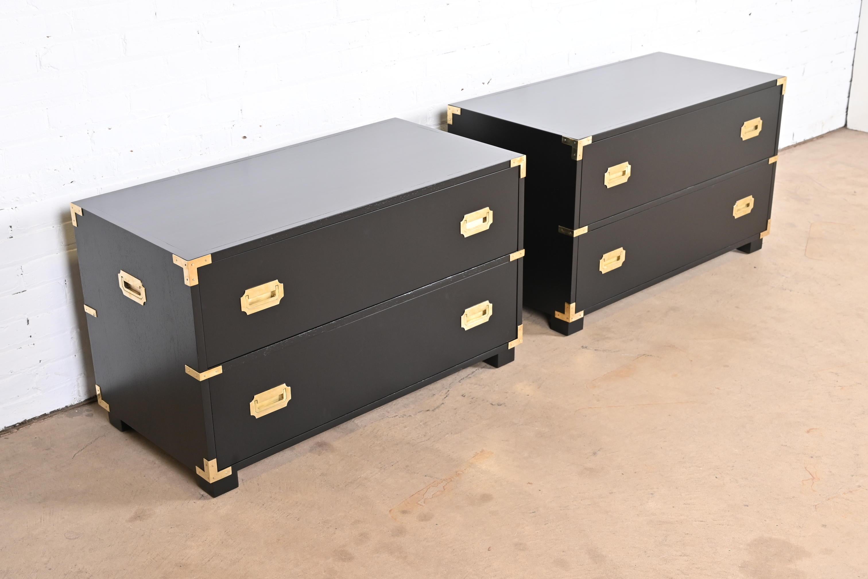 20th Century Michael Taylor for Baker Black Lacquered Campaign Commodes or Bedside Chests