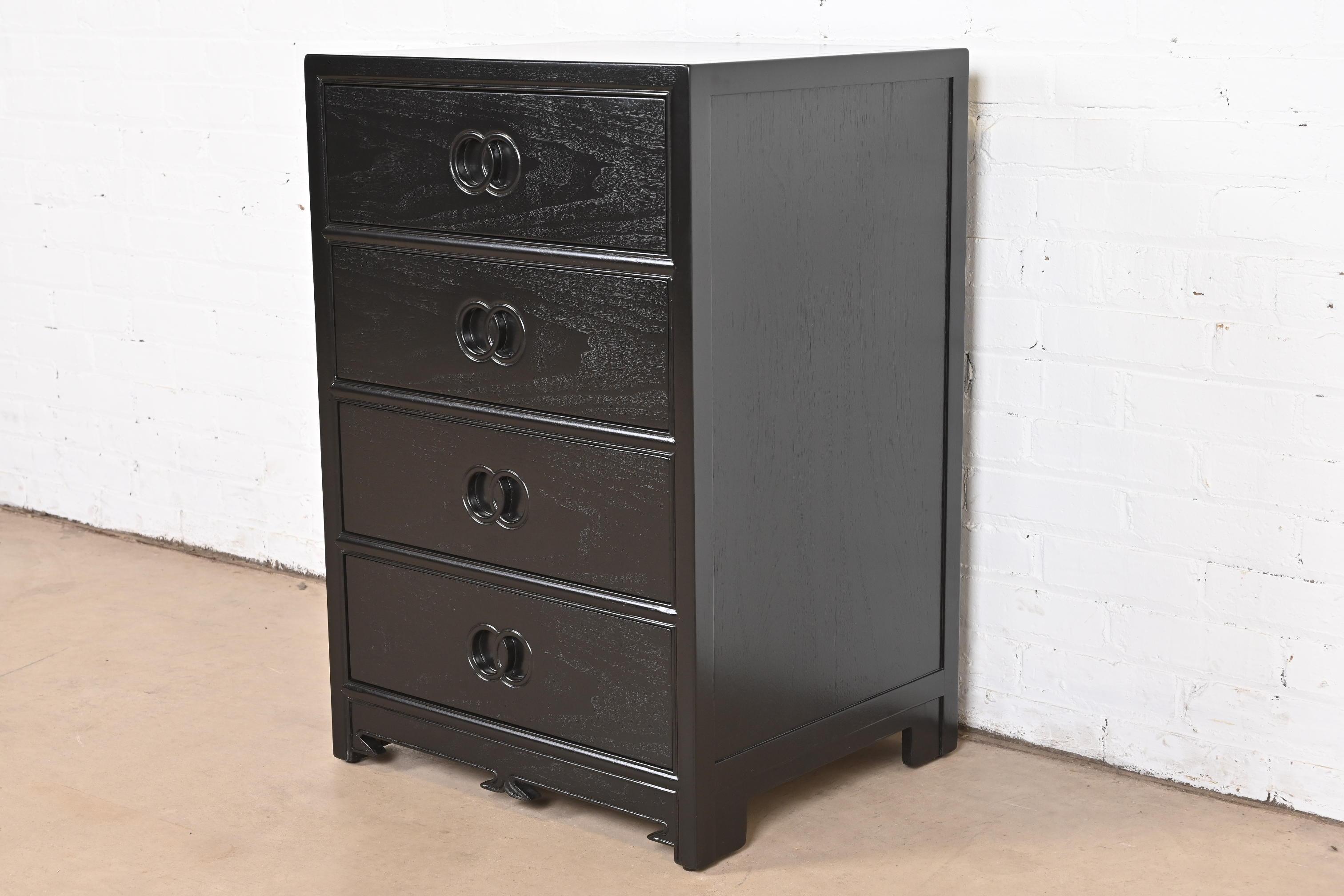 American Michael Taylor for Baker Black Lacquered Chest of Drawers, Newly Refinished For Sale