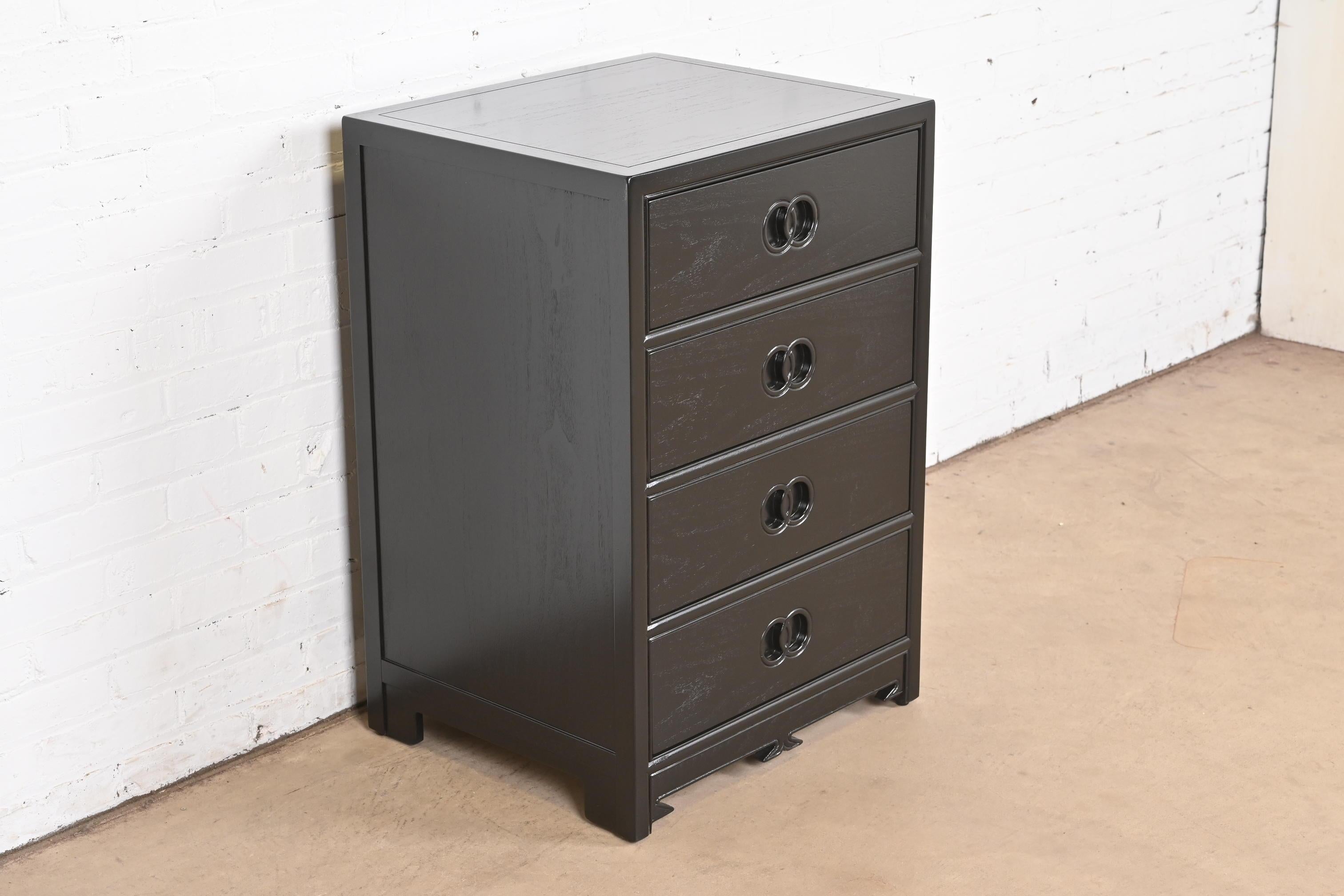 Walnut Michael Taylor for Baker Black Lacquered Chest of Drawers, Newly Refinished For Sale