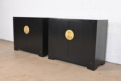 Michael Taylor for Baker Black Lacquered Chinoiserie Cabinets, Newly Refinished