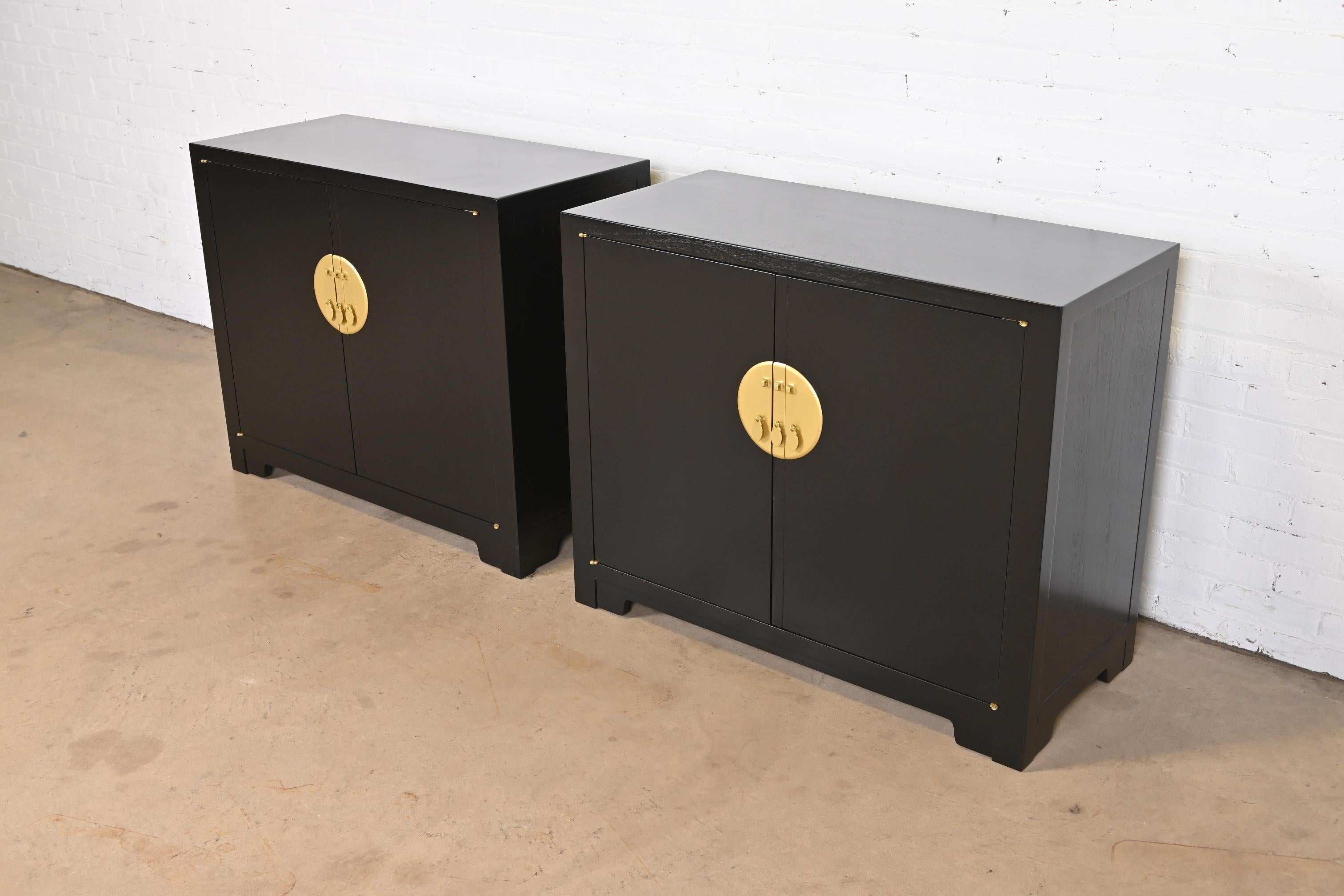 Mid-Century Modern Michael Taylor for Baker Black Lacquered Chinoiserie Cabinets, Newly Refinished