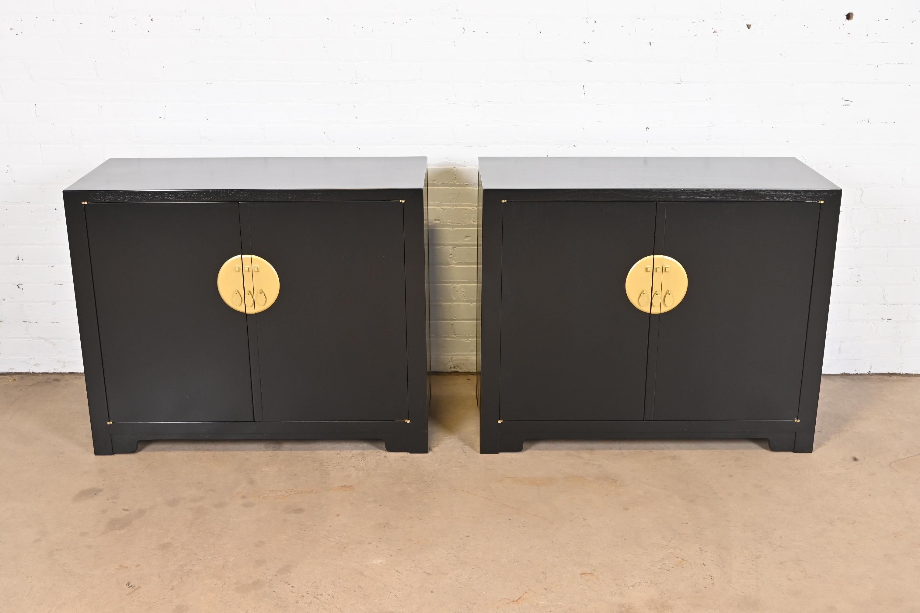 American Michael Taylor for Baker Black Lacquered Chinoiserie Cabinets, Newly Refinished