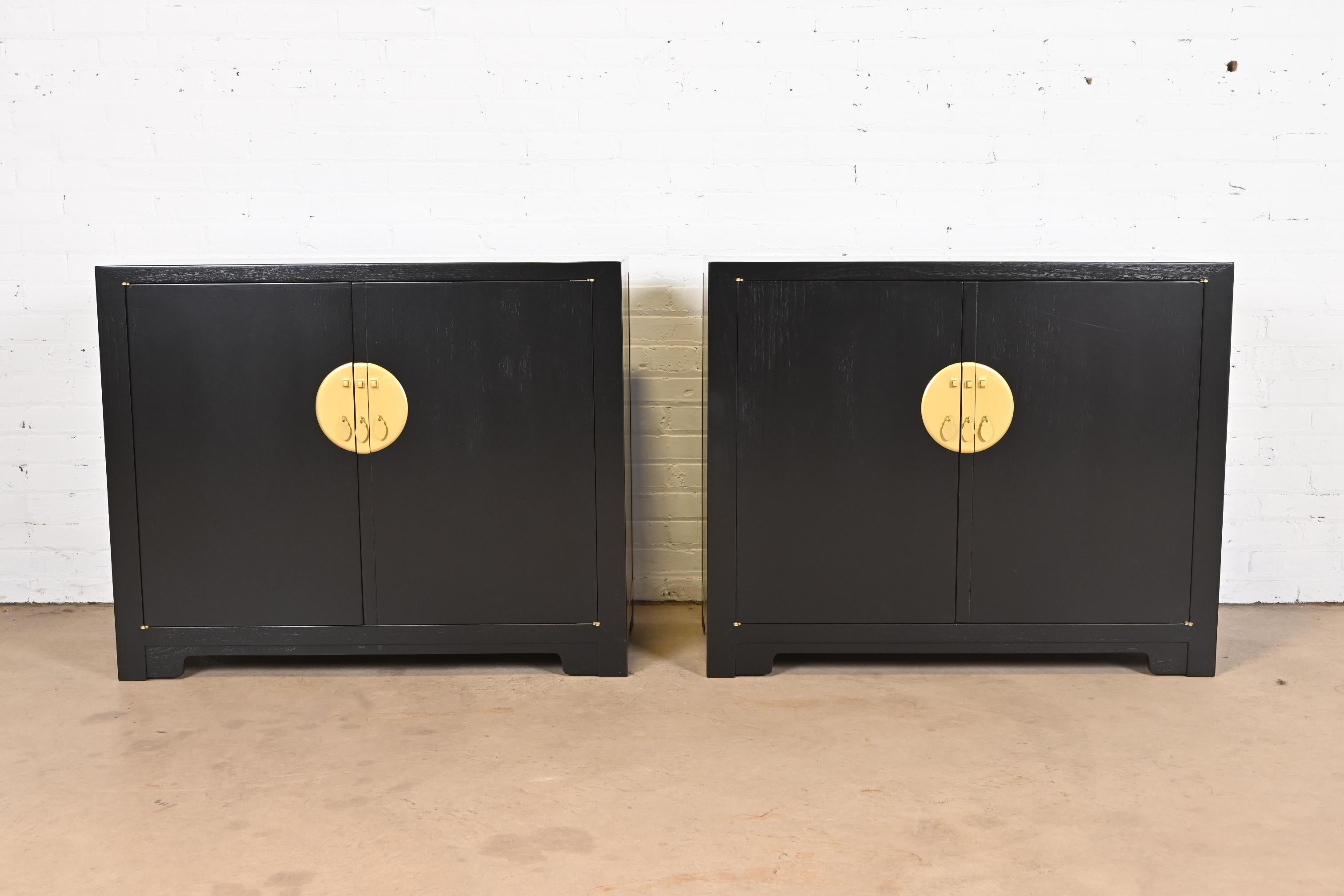 Michael Taylor for Baker Black Lacquered Chinoiserie Cabinets, Newly Refinished In Good Condition In South Bend, IN