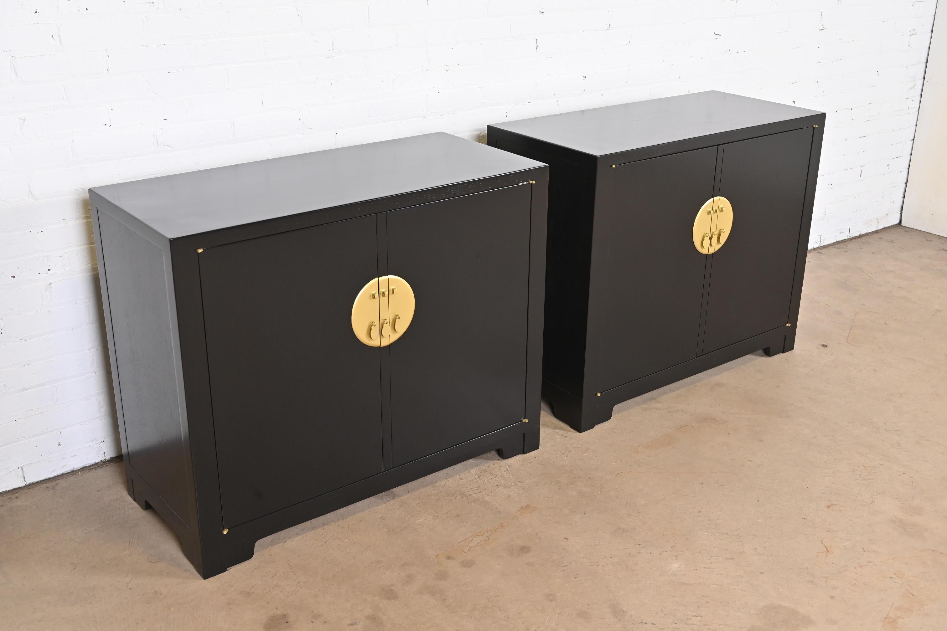 Mid-20th Century Michael Taylor for Baker Black Lacquered Chinoiserie Cabinets, Newly Refinished