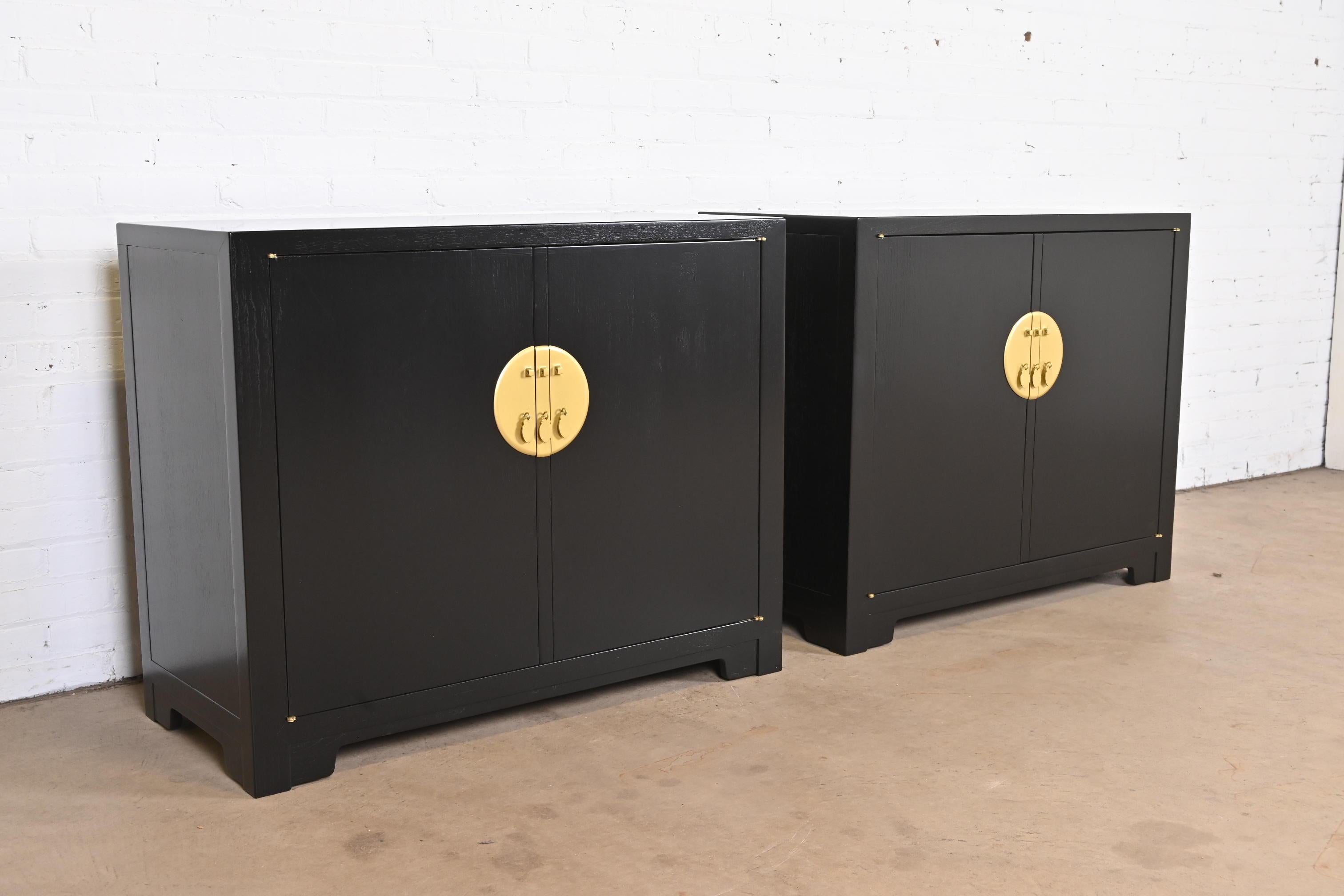 Brass Michael Taylor for Baker Black Lacquered Chinoiserie Cabinets, Newly Refinished