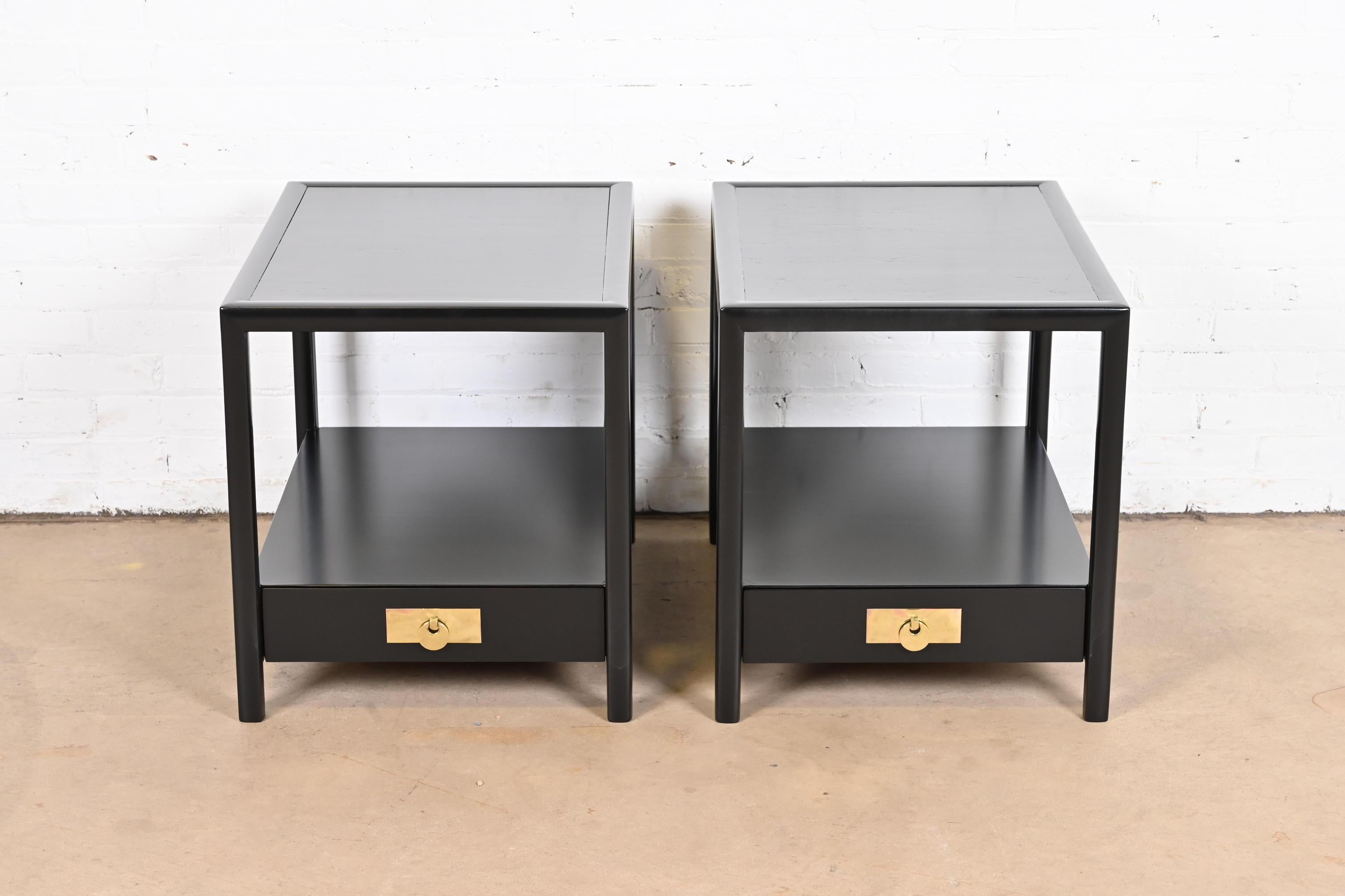 Mid-Century Modern Michael Taylor for Baker Black Lacquered Nightstands or End Tables, Refinished For Sale