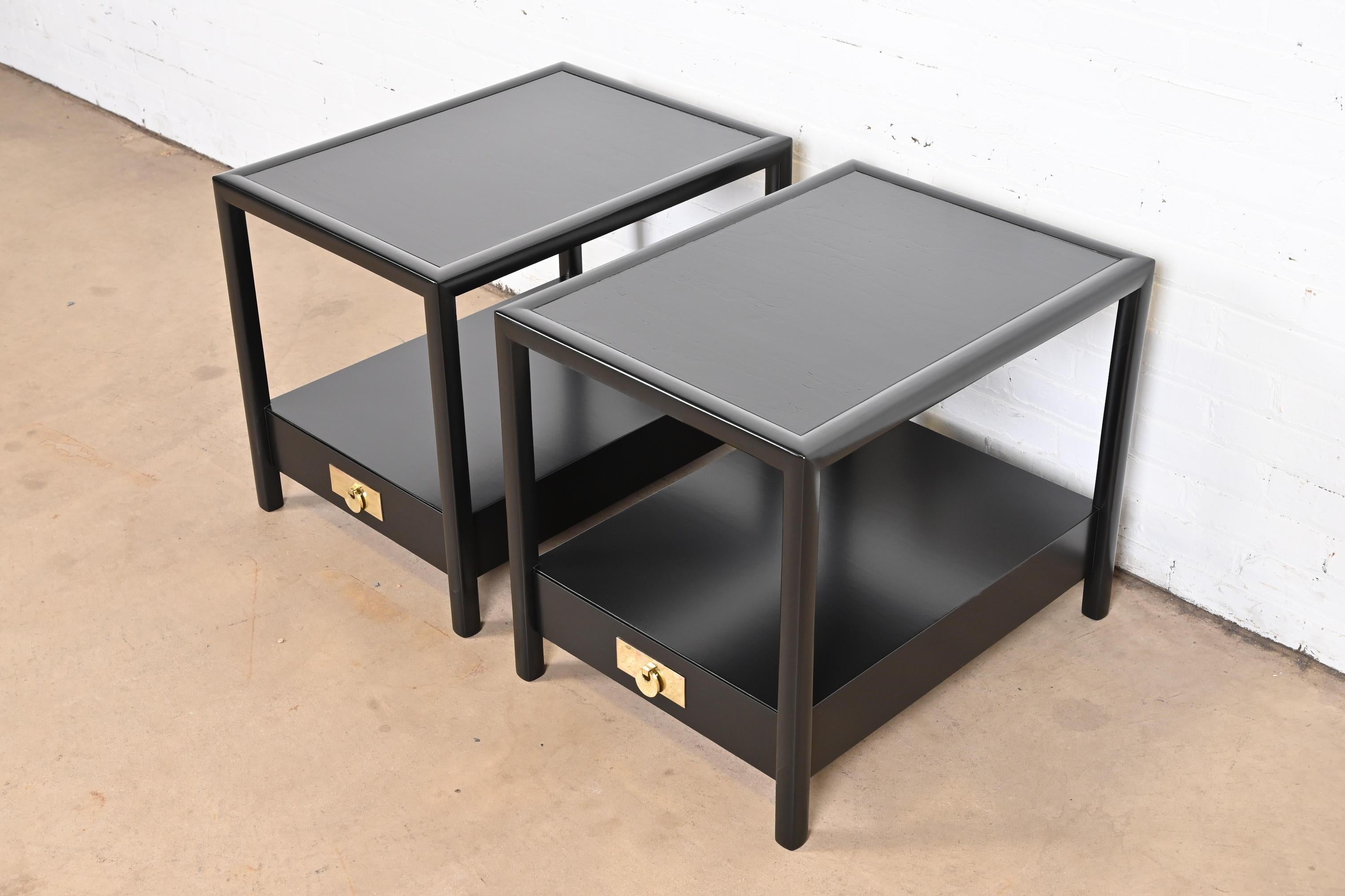 Michael Taylor for Baker Black Lacquered Nightstands or End Tables, Refinished In Good Condition In South Bend, IN