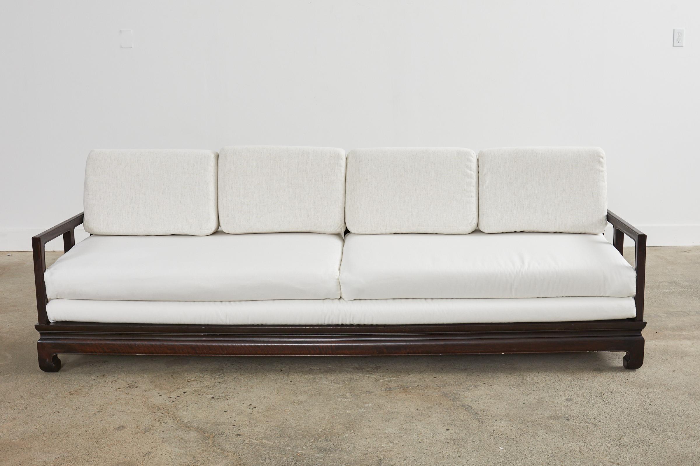 Hand-Crafted Michael Taylor for Baker Style Carved Hardwood Sofa For Sale