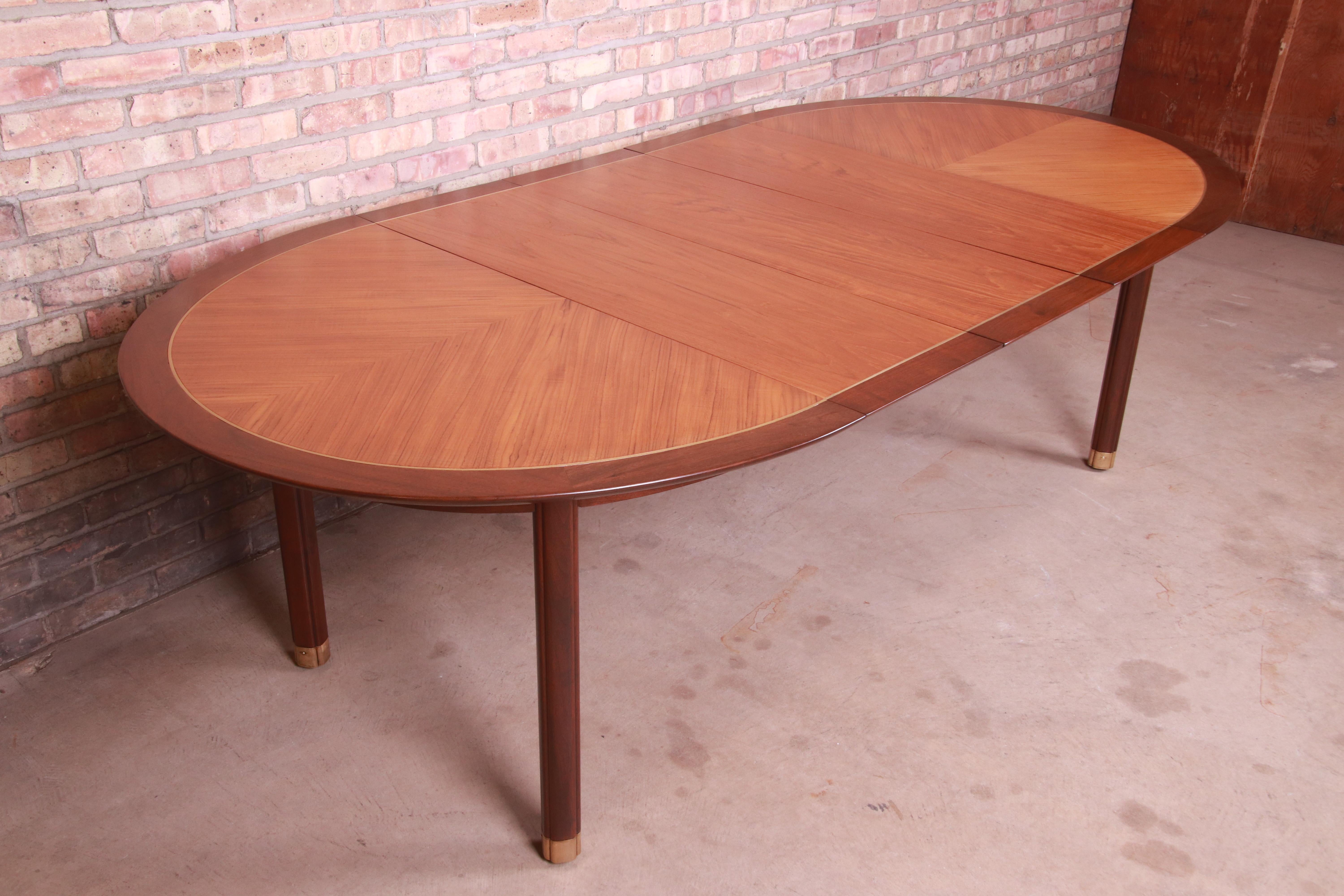 Michael Taylor for Baker Cherry Wood and Inlaid Brass Dining Table, Refinished In Good Condition In South Bend, IN