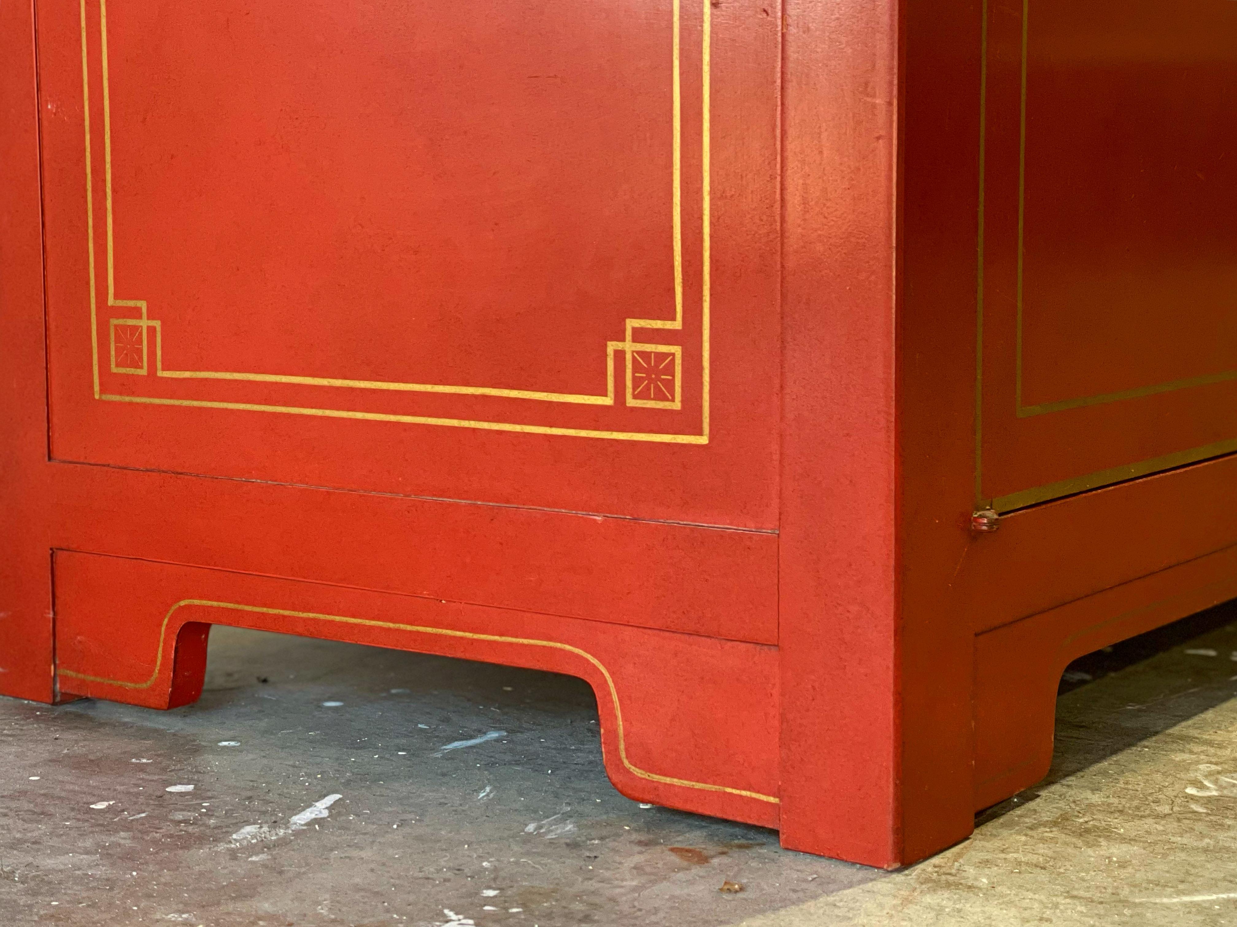 Michael Taylor for Baker - Credenza Cabinet - Far East Collection - Coral Red In Good Condition In Decatur, GA