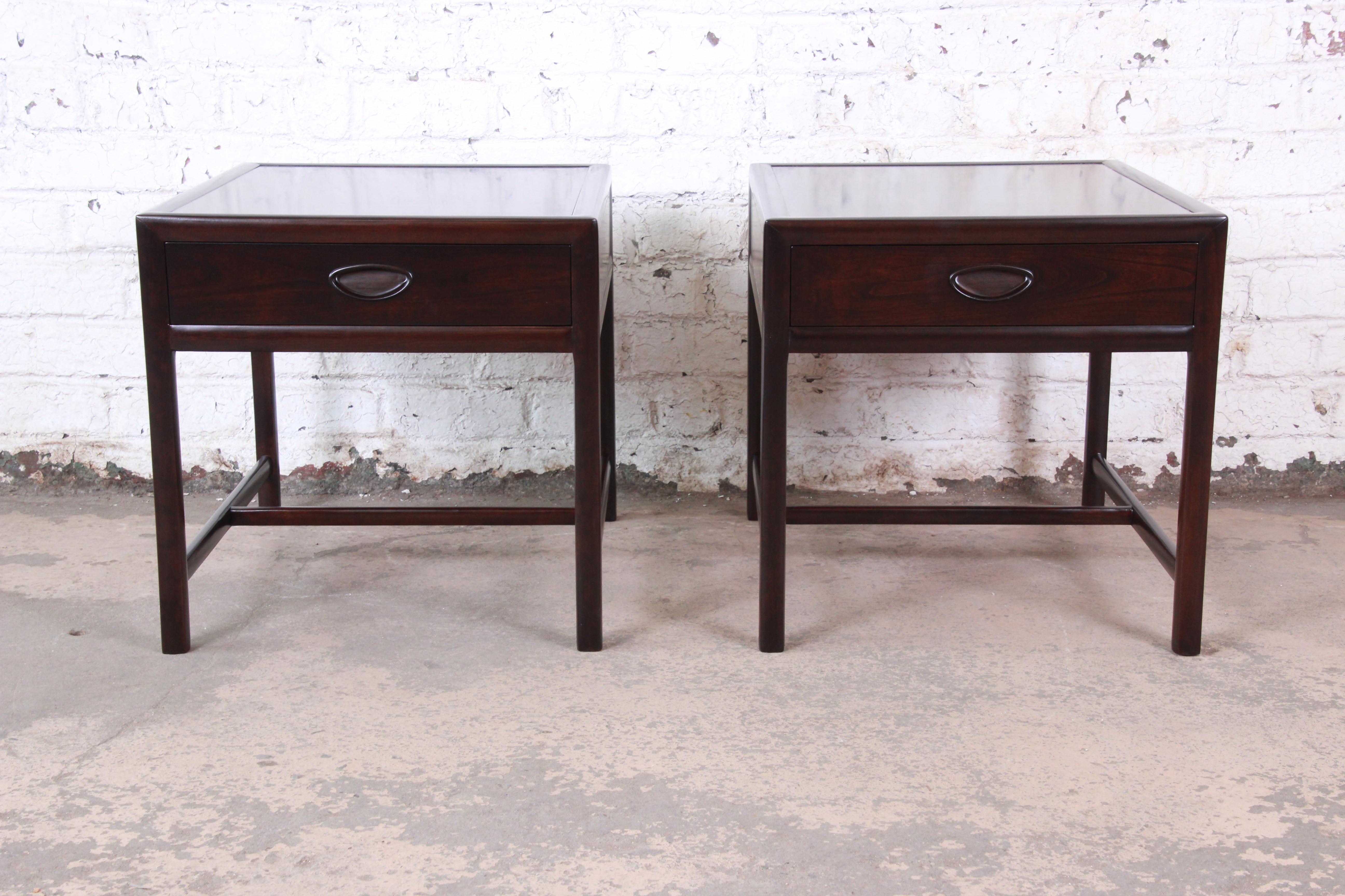 Mid-Century Modern Michael Taylor for Baker Dark Cherry Nightstands or End Tables, Newly Restored