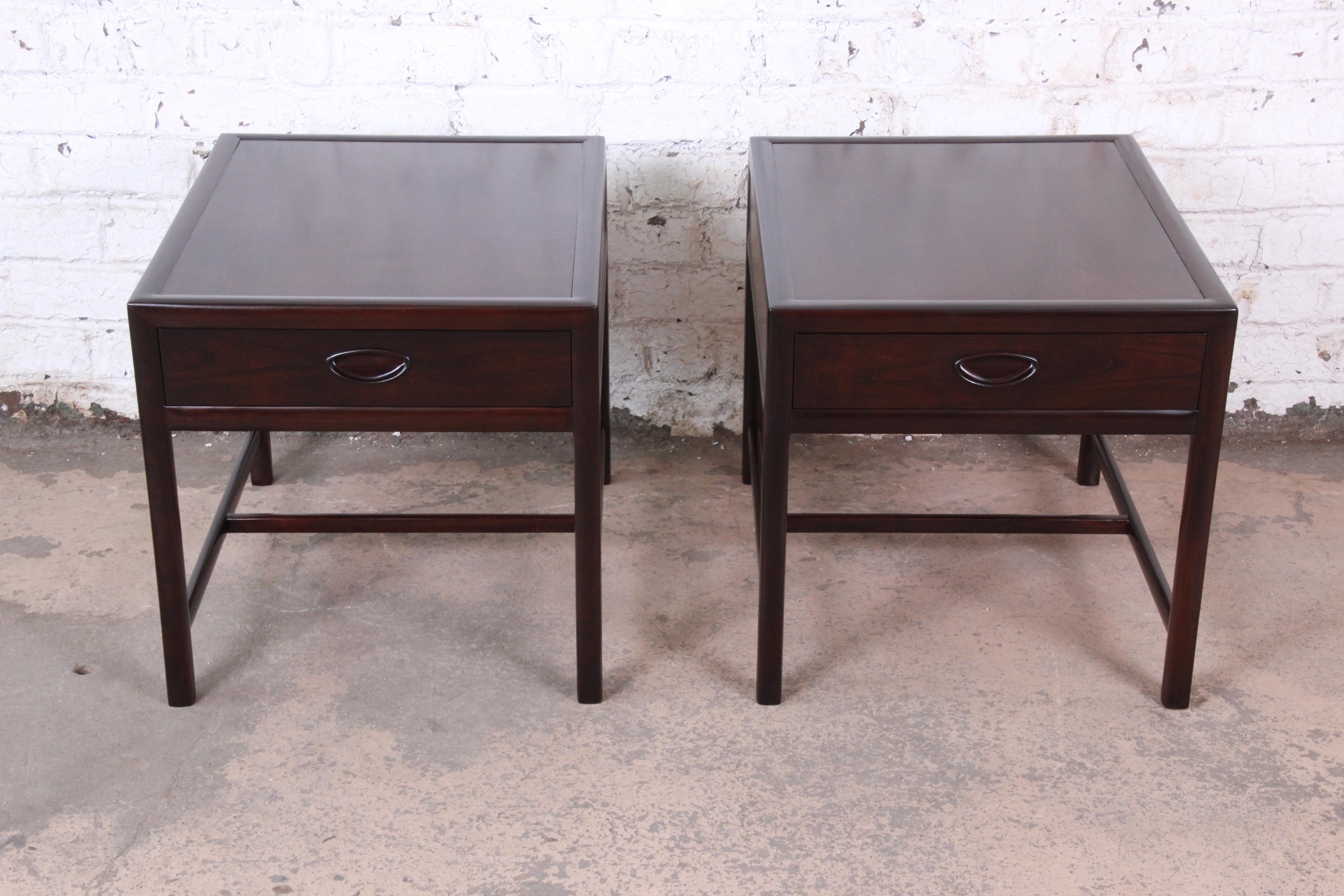 American Michael Taylor for Baker Dark Cherry Nightstands or End Tables, Newly Restored