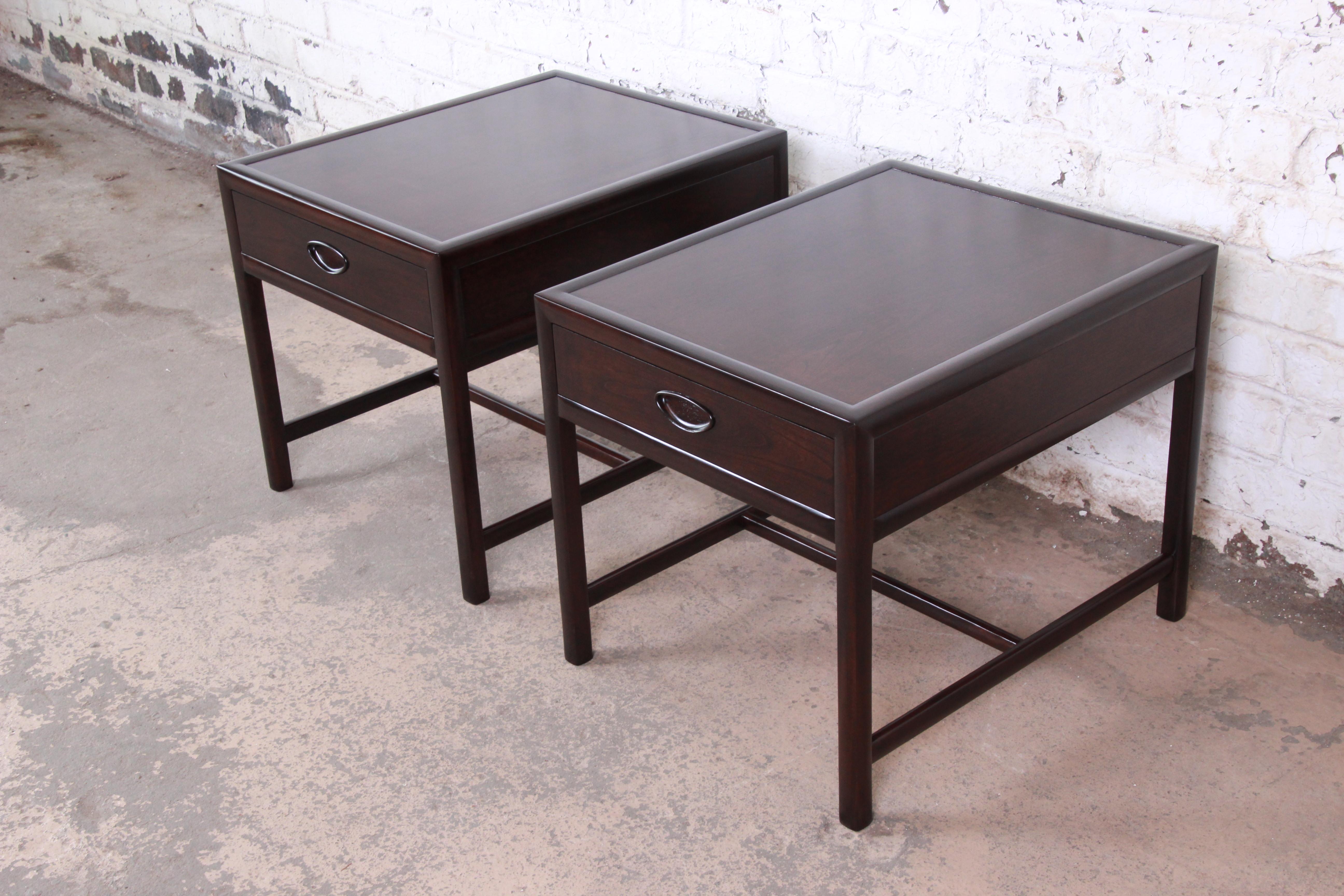 Michael Taylor for Baker Dark Cherry Nightstands or End Tables, Newly Restored In Good Condition In South Bend, IN