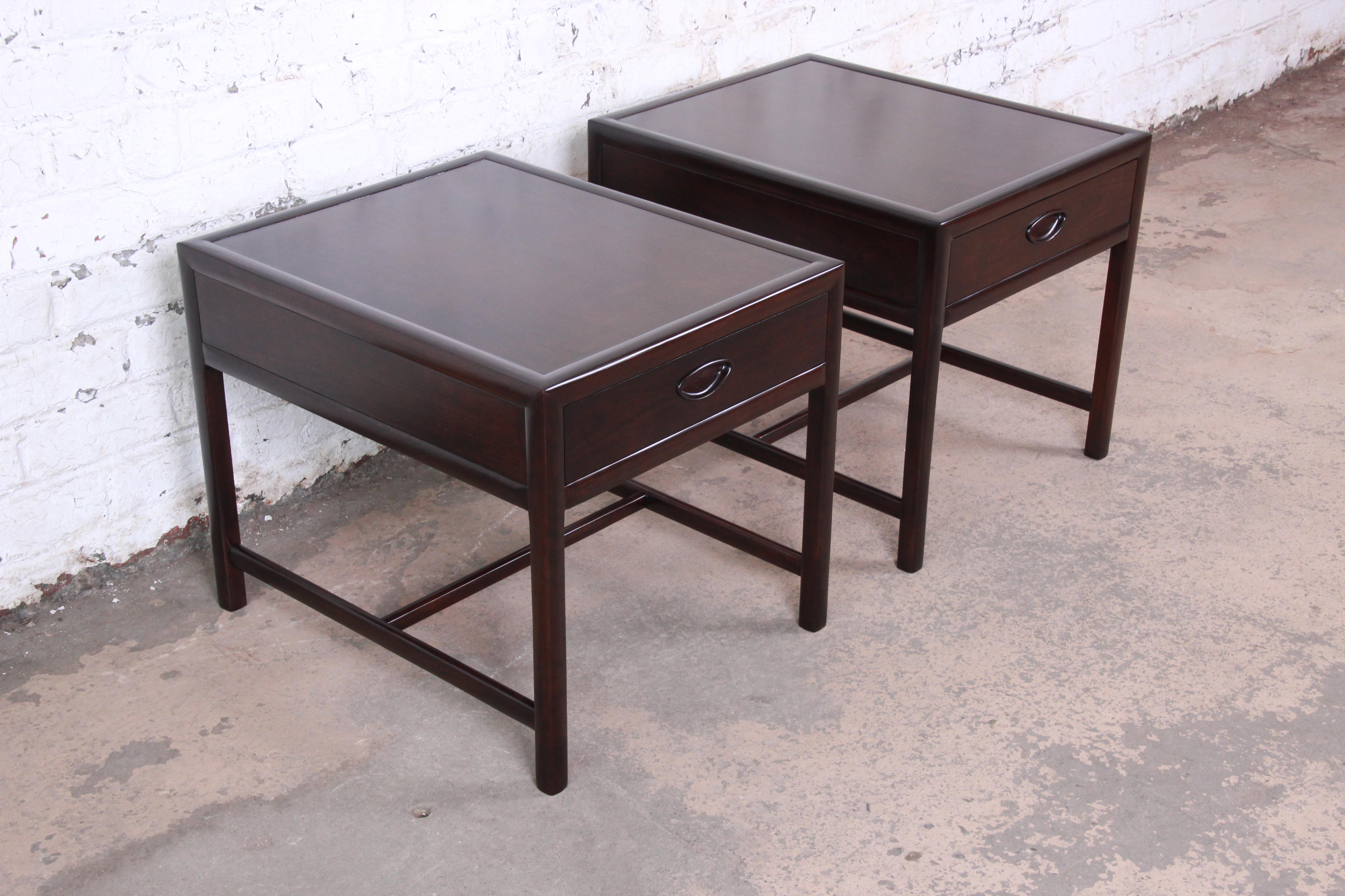 Mid-20th Century Michael Taylor for Baker Dark Cherry Nightstands or End Tables, Newly Restored