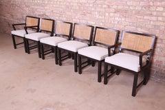Michael Taylor for Baker Ebonized Walnut and Cane Dining Chairs, Fully Restored